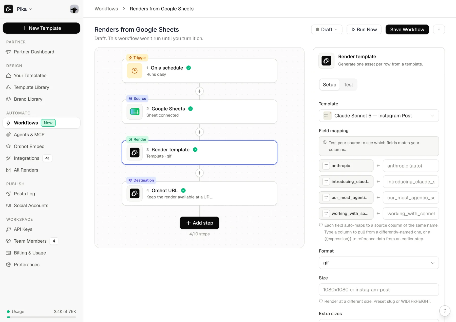 An Orshot workflow: a daily schedule trigger, a Google Sheets source, a render step mapping columns to template fields, and a URL destination
