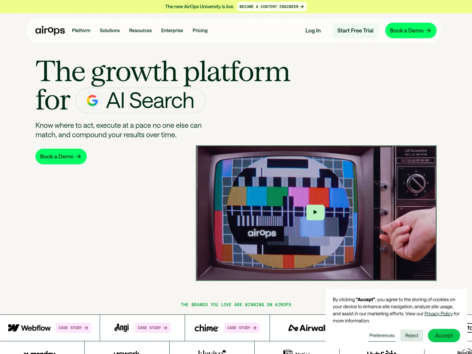 AirOps homepage, AI content and SEO workflows