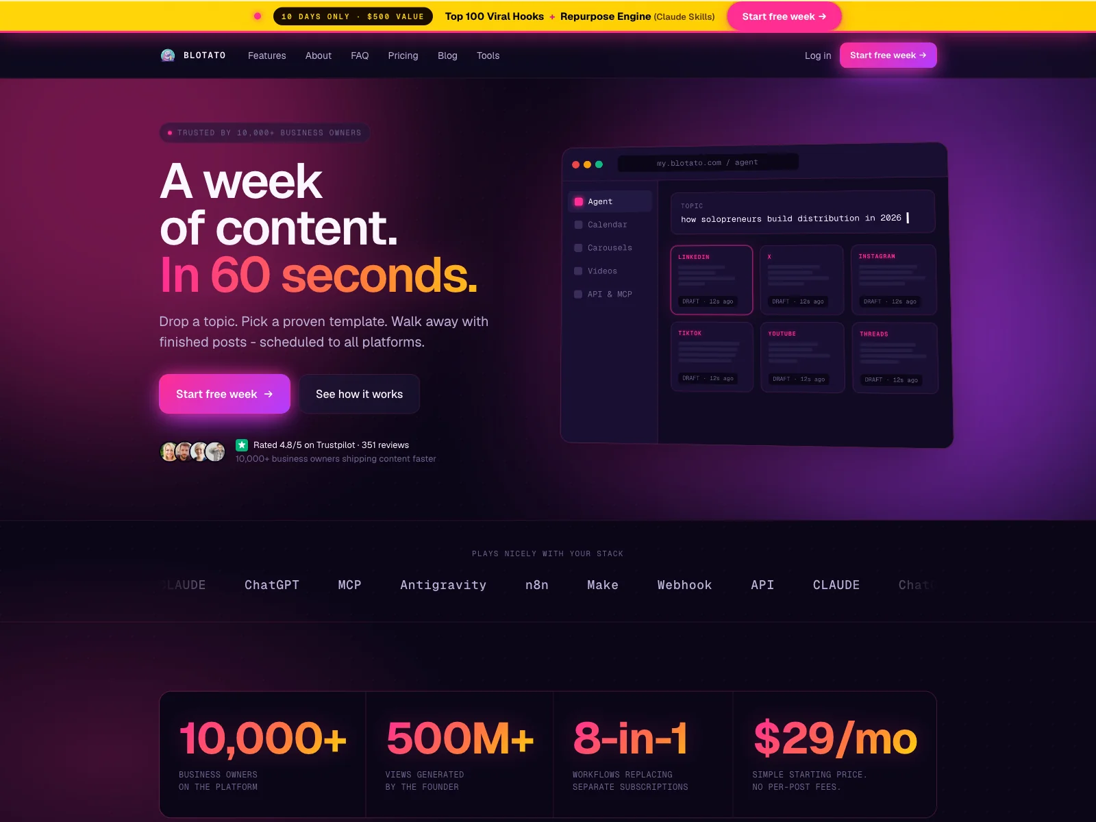 Blotato homepage, social and video automation