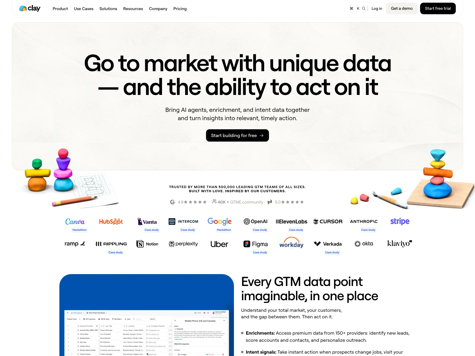 Clay homepage, GTM data enrichment