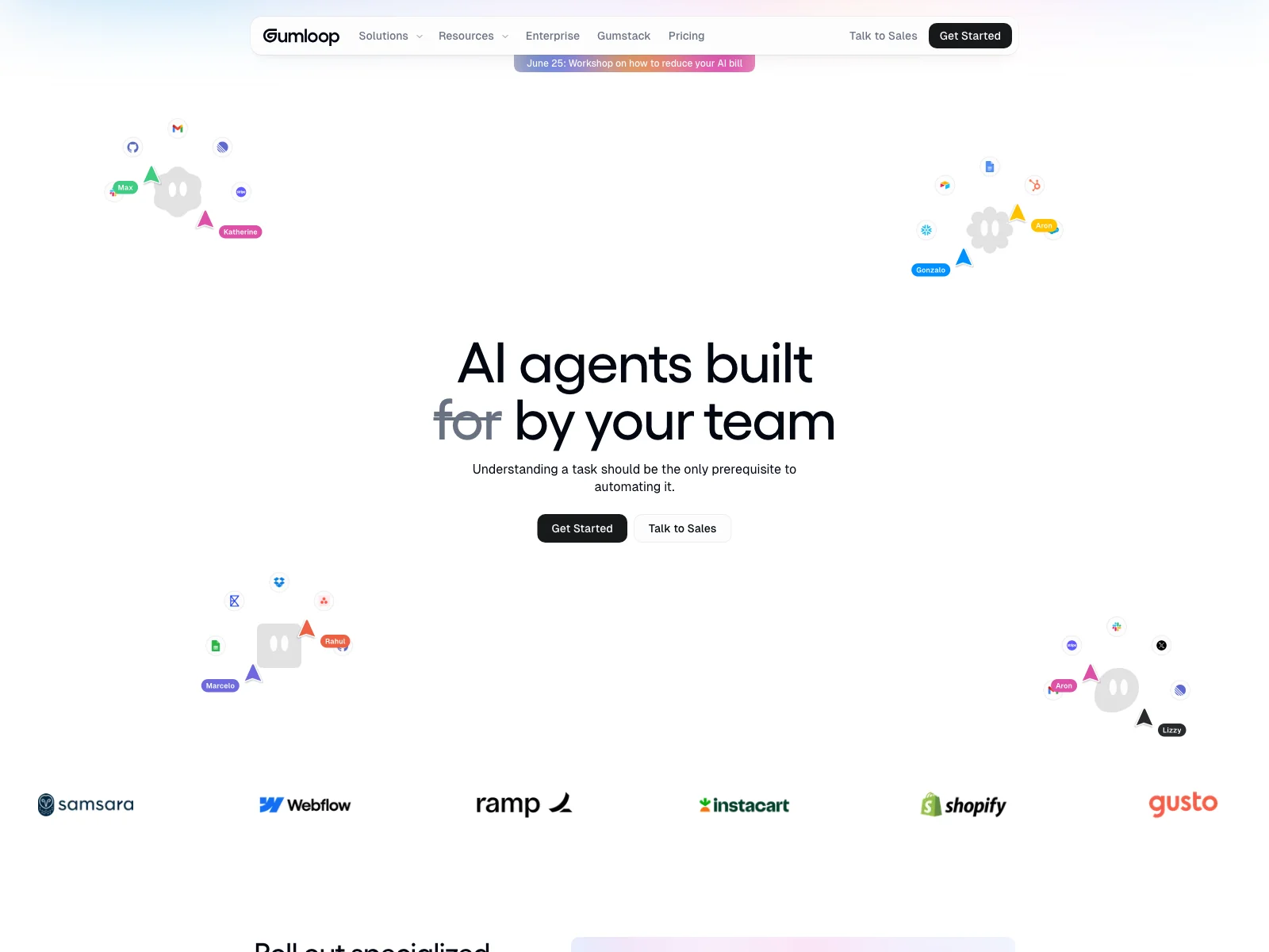Gumloop homepage, no-code AI workflows
