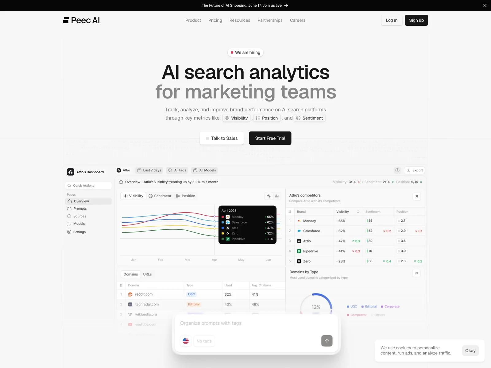 Peec AI homepage, AI search visibility tracking