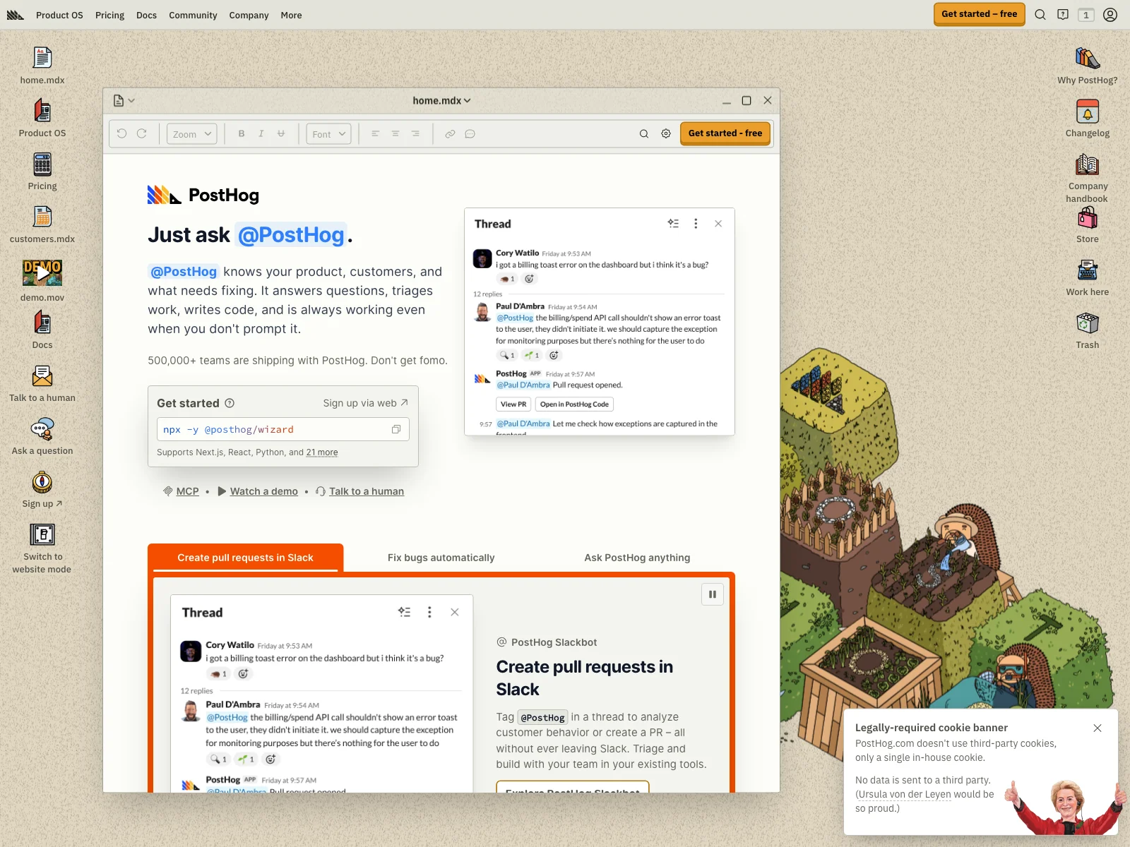PostHog homepage, product and marketing analytics