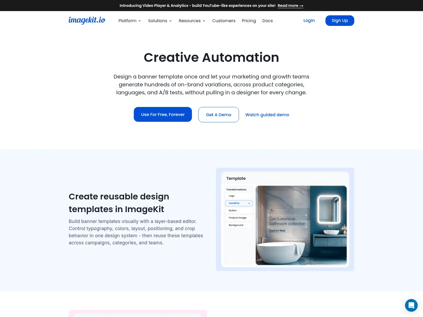 ImageKit Creative Automation page, design a banner template once and generate variations