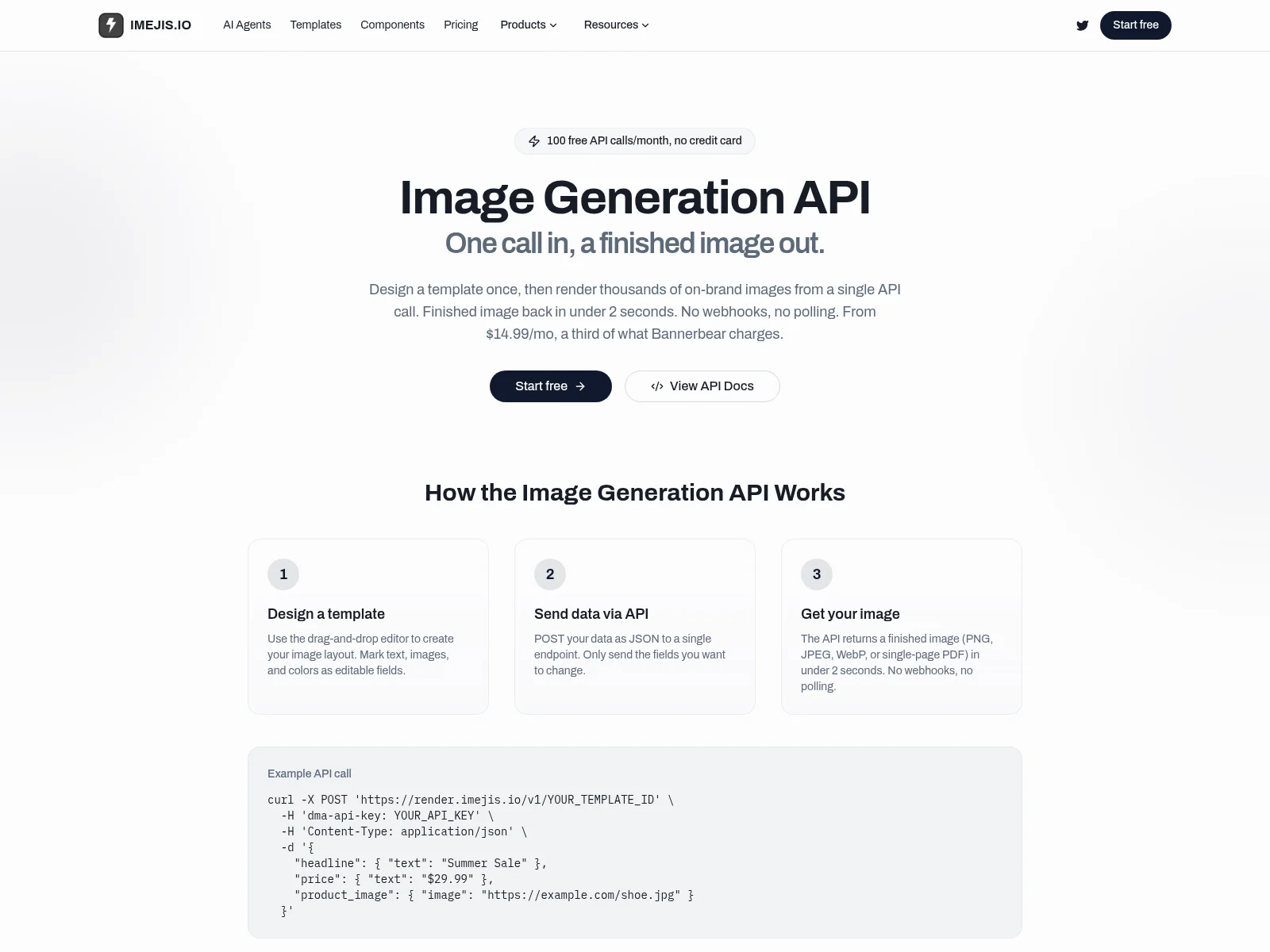 Imejis image generation API page, one call in and a finished image out