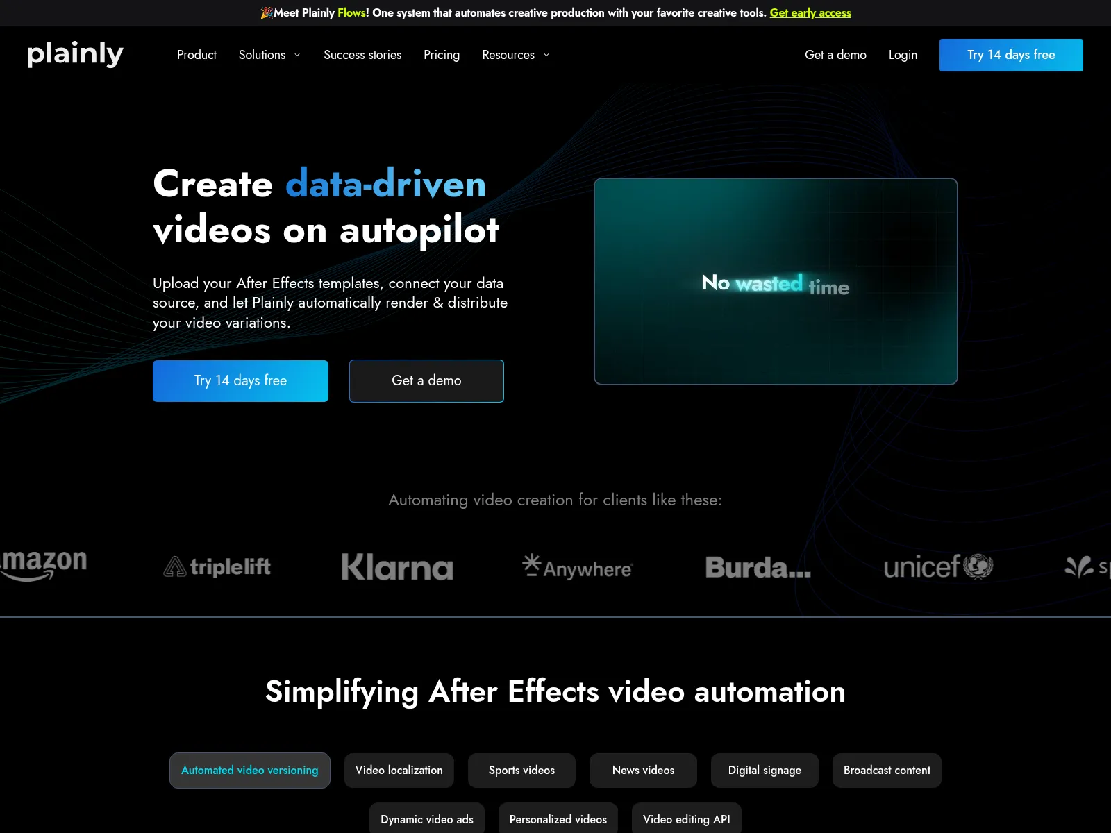 Plainly homepage, create data-driven videos on autopilot from After Effects templates