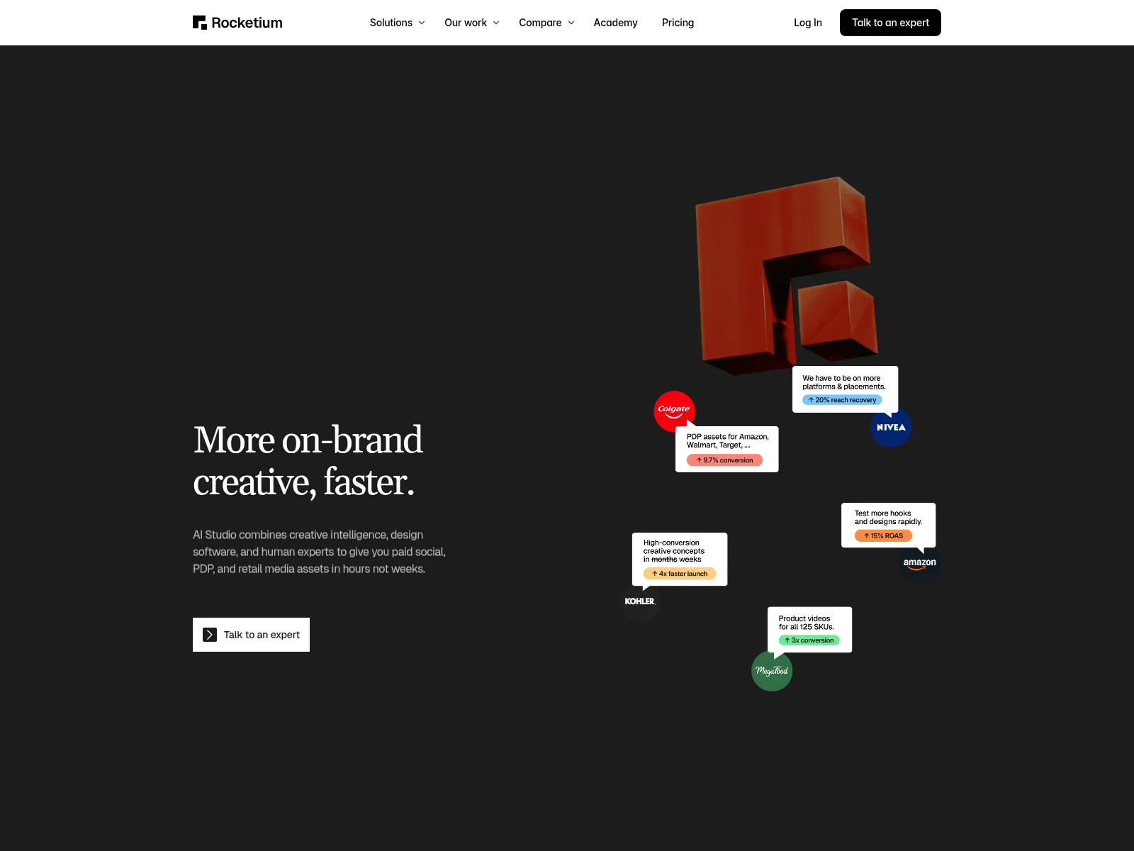 Rocketium homepage for AI Studio, on-brand creative for consumer brands