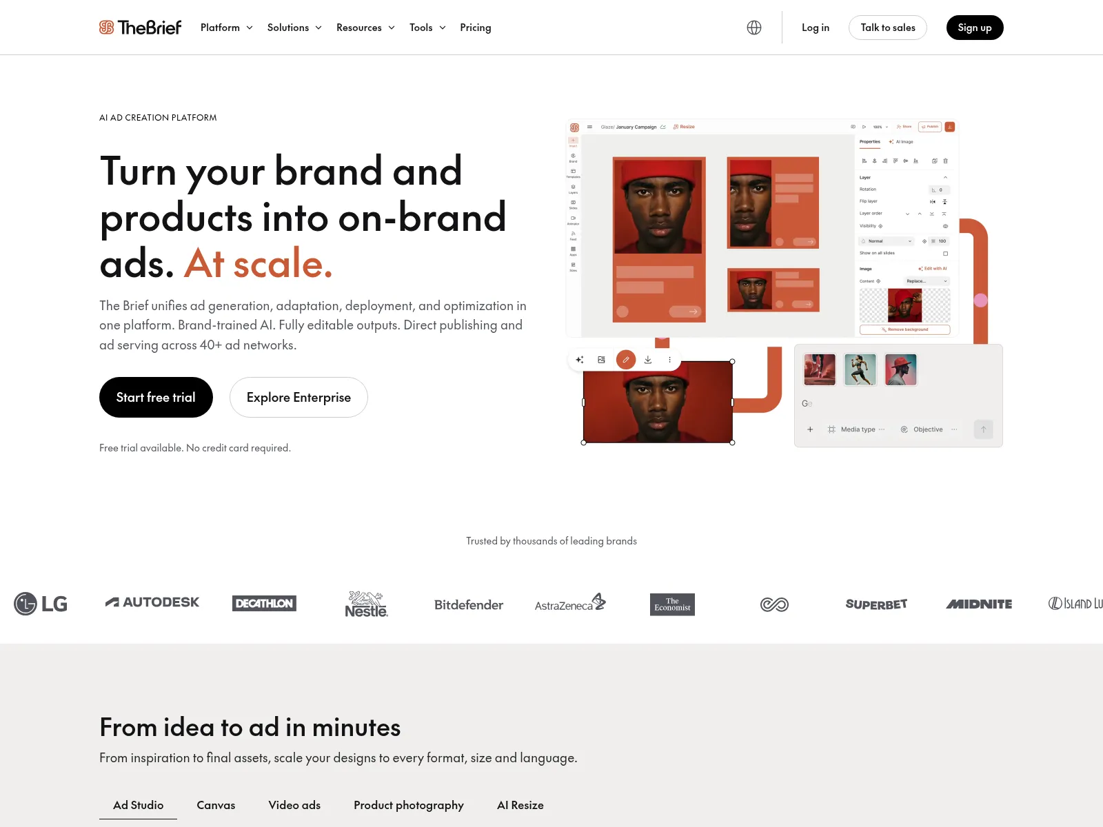The Brief homepage, an AI ad creation platform formerly called Creatopy