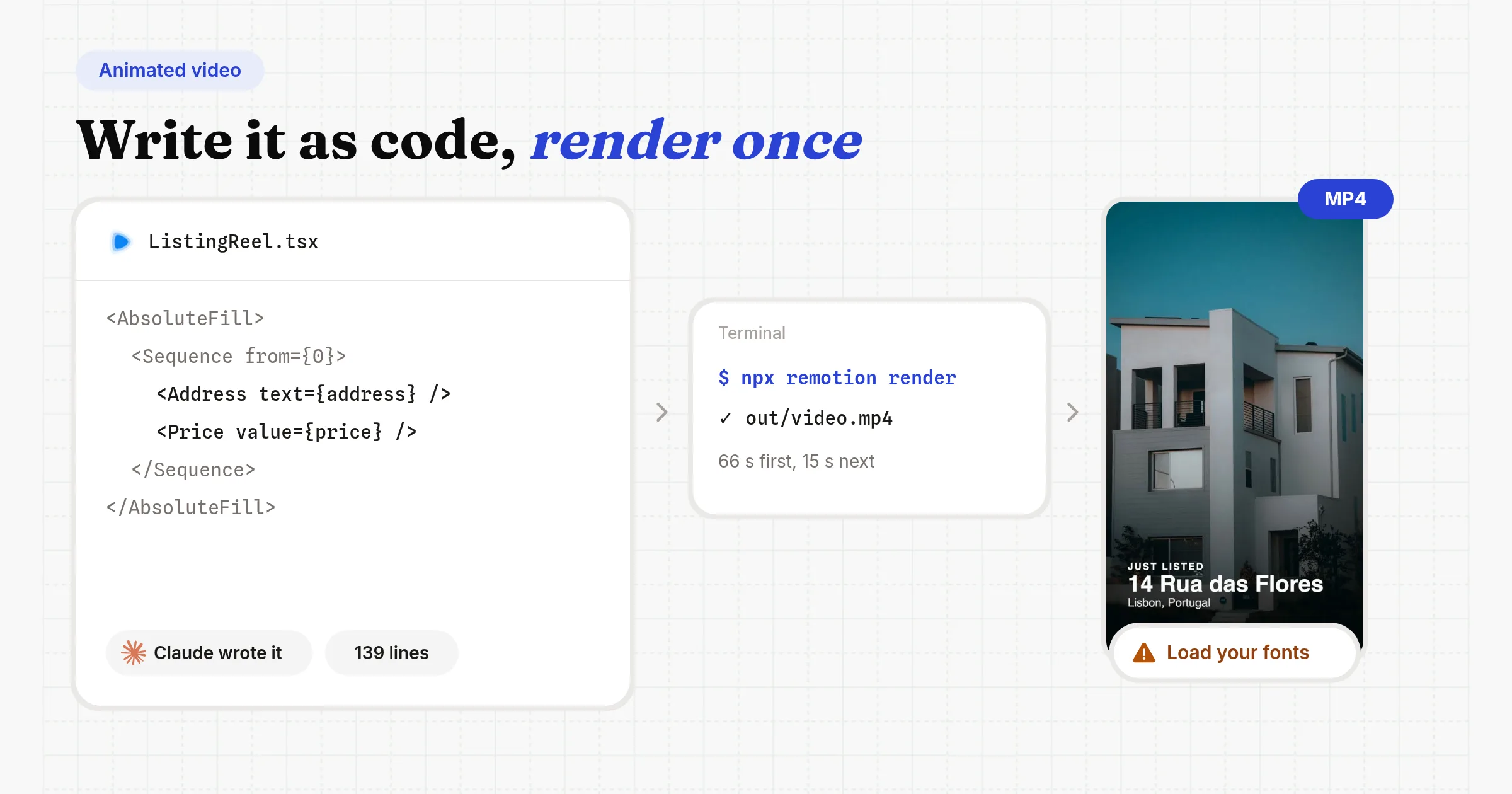 Route 2: Claude Code wrote a 139-line Remotion file, ListingReel.tsx, then npx remotion render wrote out/video.mp4, 66 seconds the first time and 15 the next, and the MP4 needed its fonts loaded