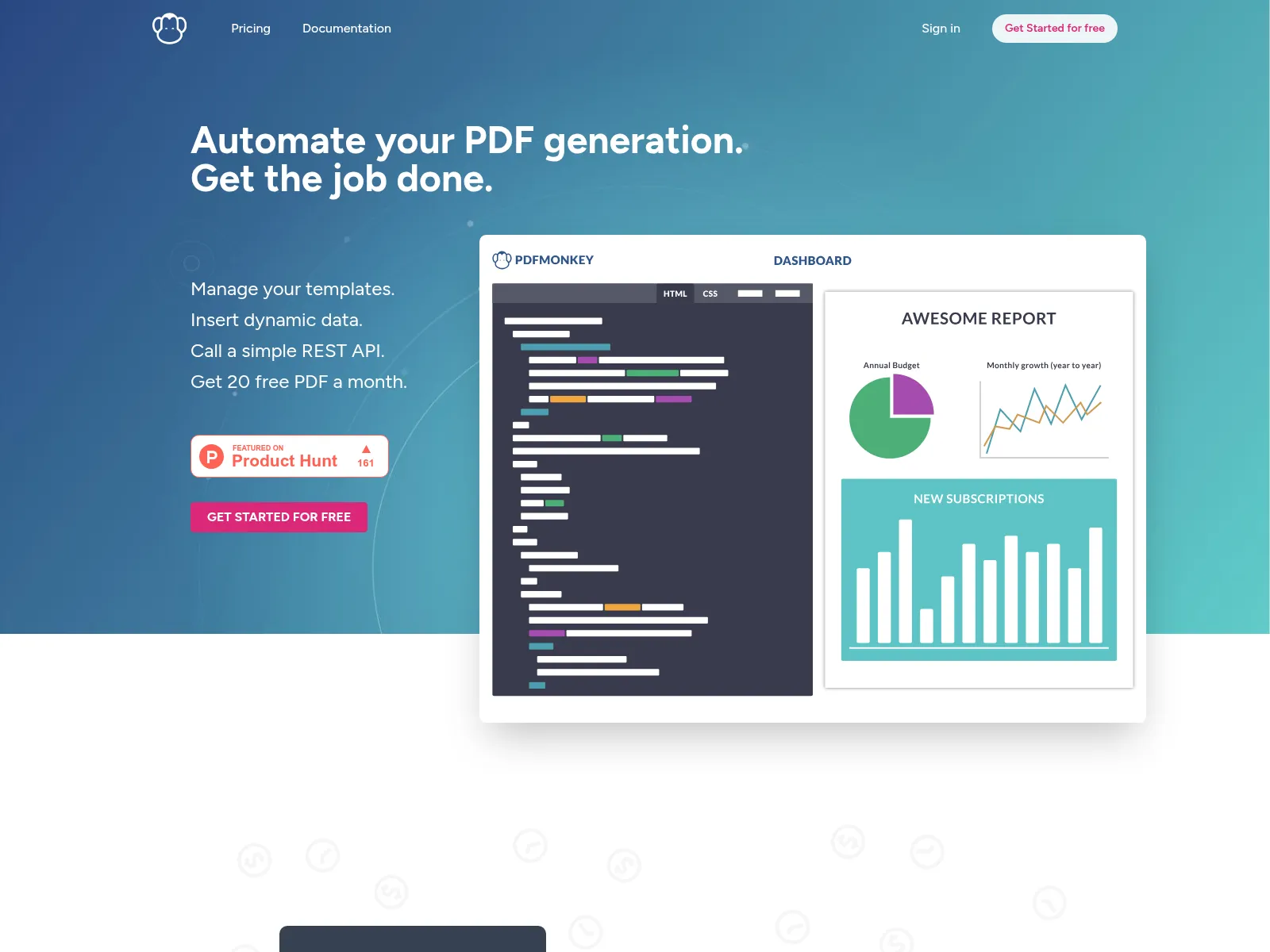The PDFMonkey homepage: automate PDF generation with templates, dynamic data and a REST API