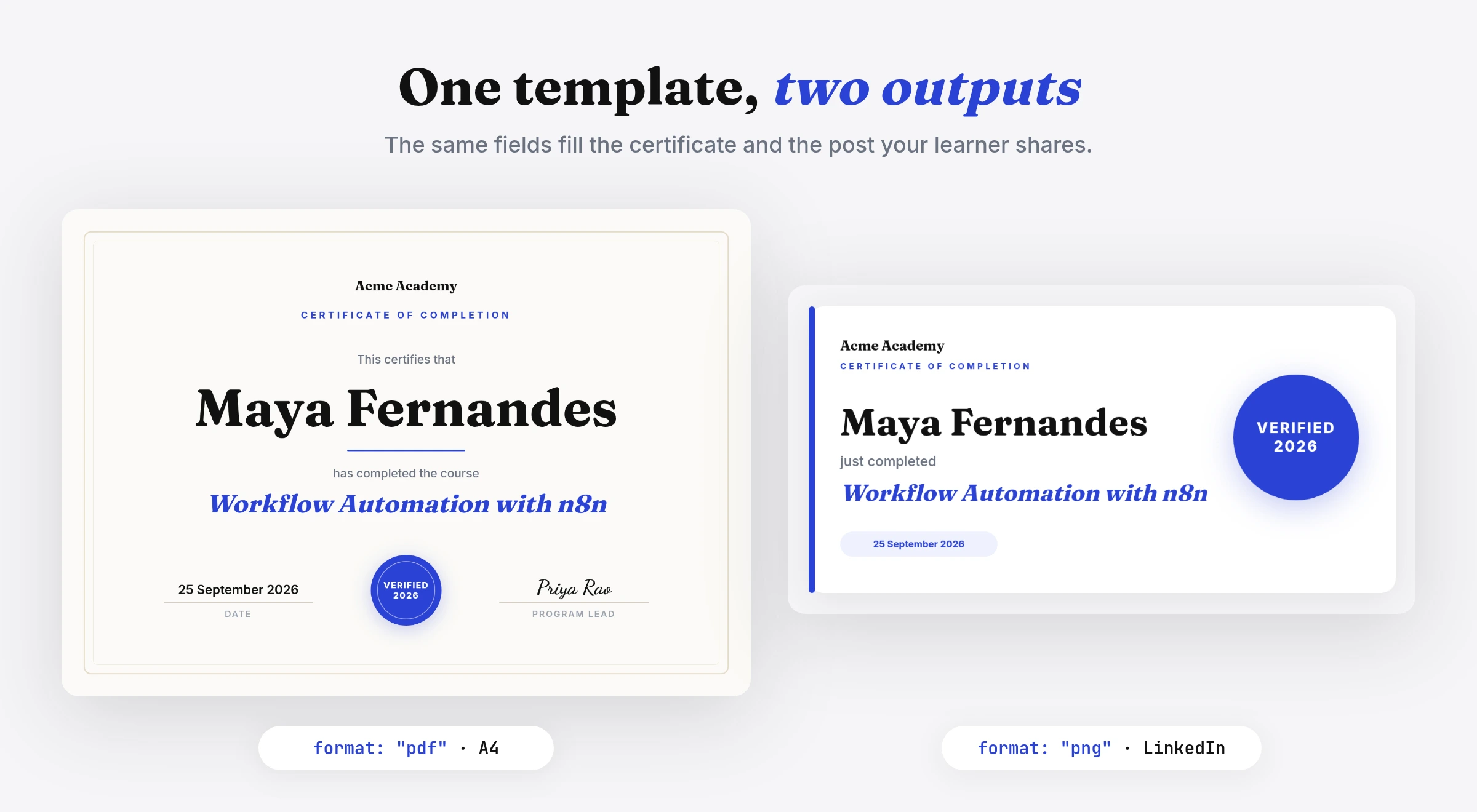 One Orshot template rendered as an A4 PDF certificate and a matching LinkedIn share image