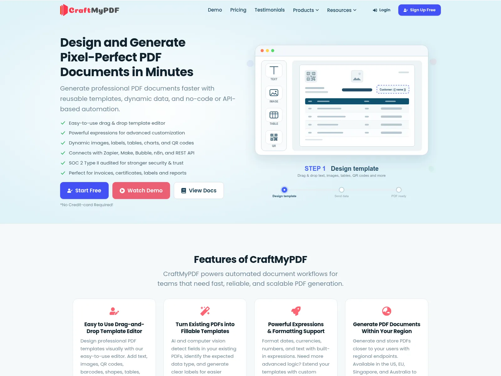 The CraftMyPDF homepage: design and generate PDF documents from reusable templates with a drag and drop editor, expressions and a REST API