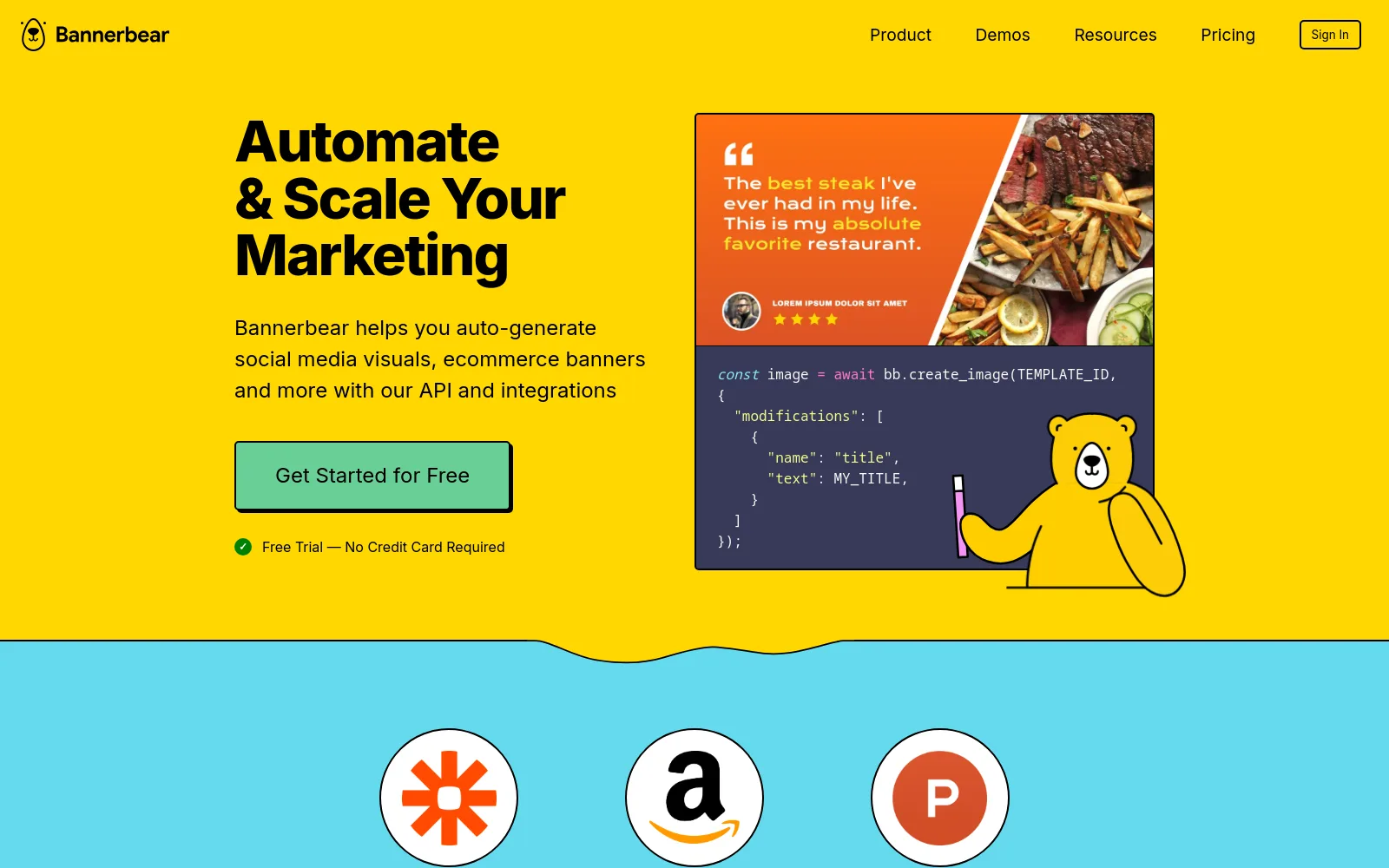 The Bannerbear homepage — auto-generate social media visuals and ecommerce banners via API and integrations
