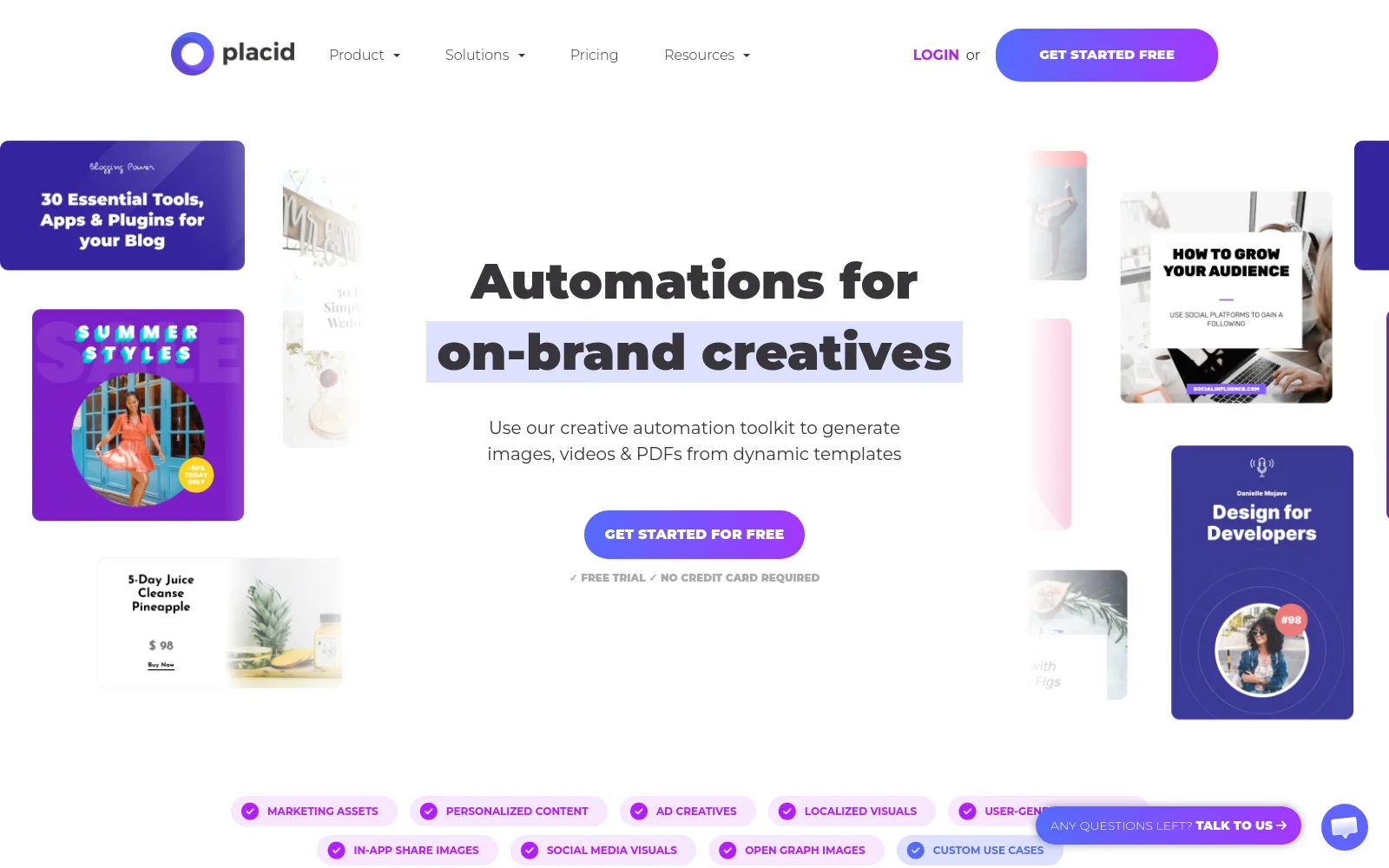 The Placid homepage — a creative automation platform for images, PDFs and video from templates
