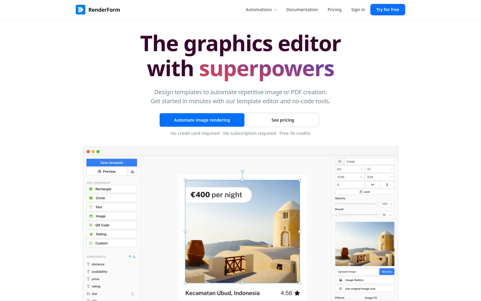 The RenderForm homepage — a template editor to automate repetitive image and PDF creation