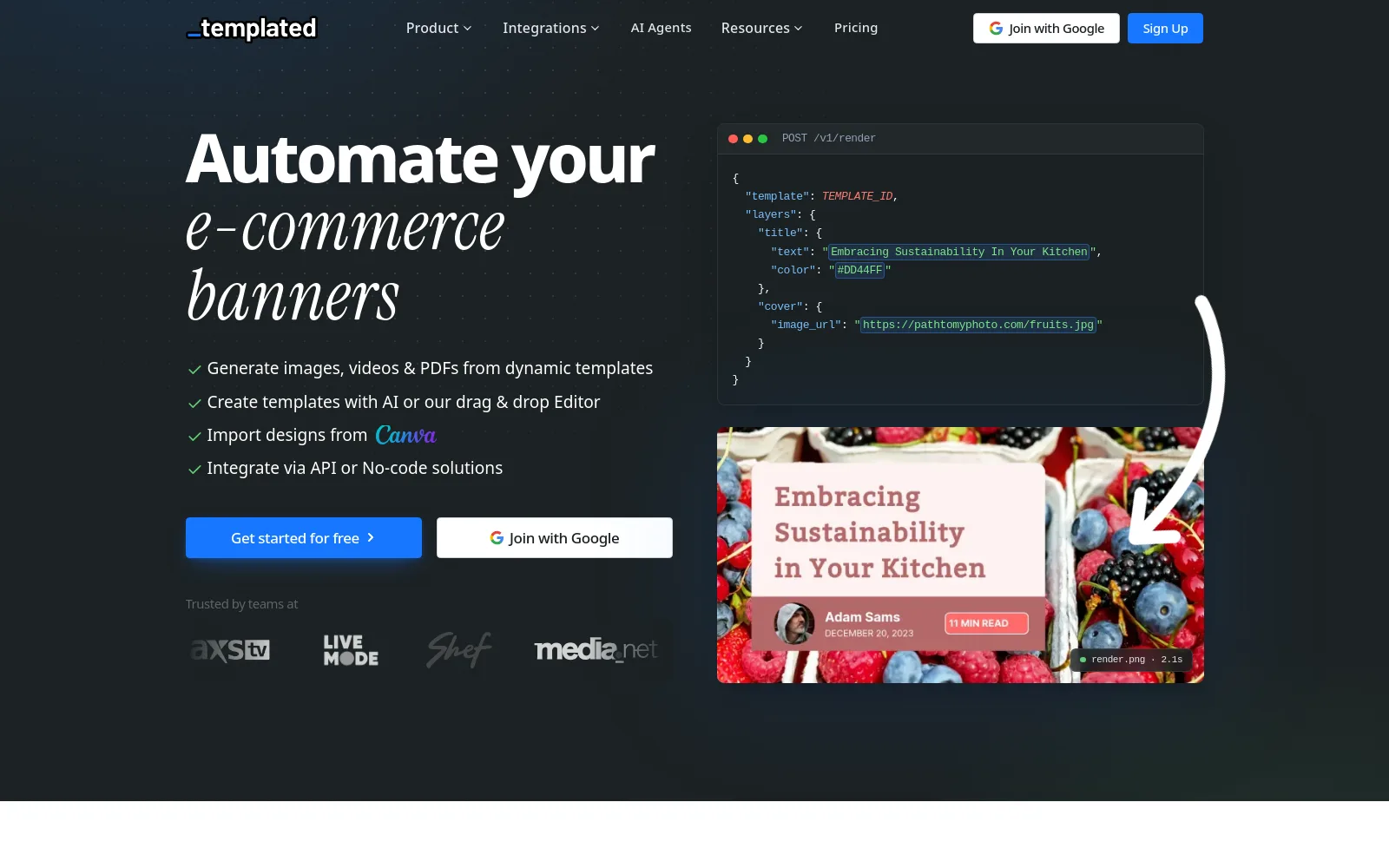 The Templated.io homepage — automate images, videos and PDFs from dynamic templates with a drag-and-drop editor