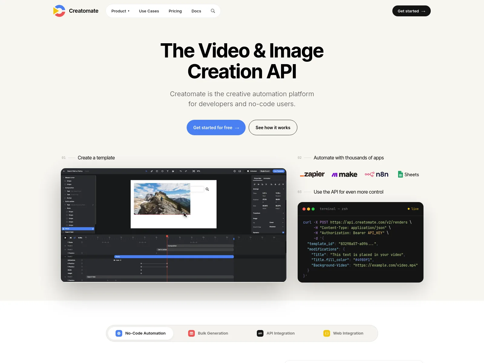 The Creatomate homepage — a media automation platform that generates videos and images from JSON templates via API