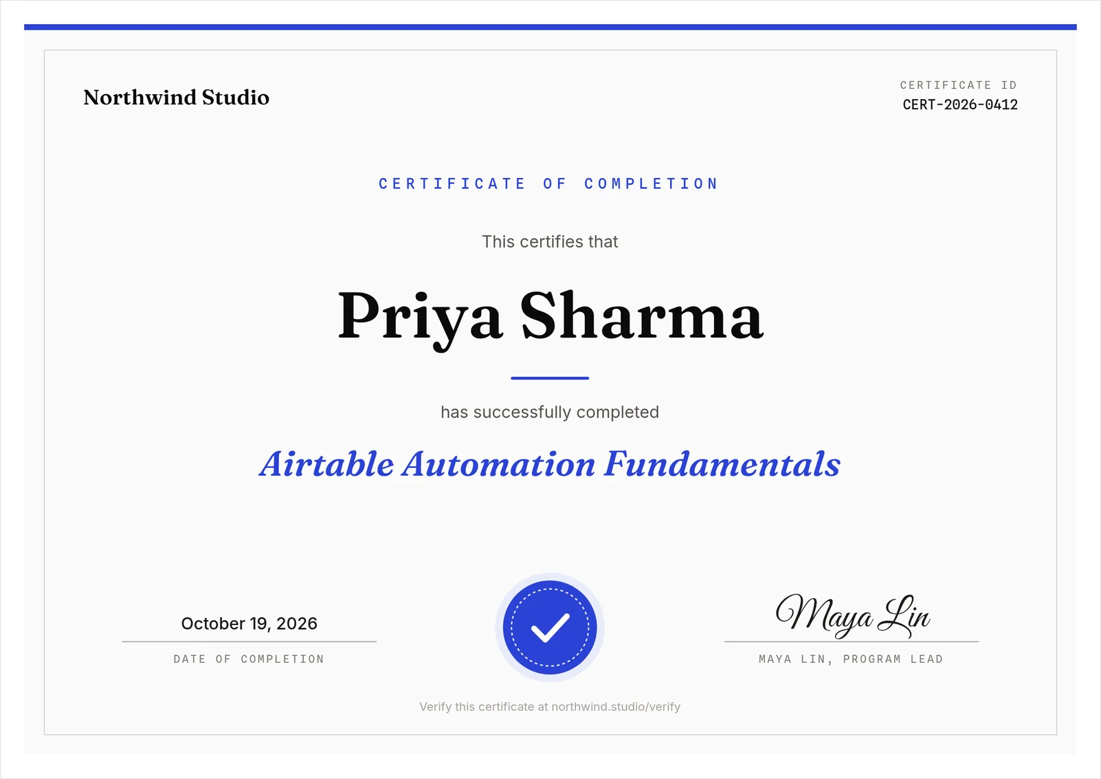 A real certificate PDF rendered by Orshot from four fields: Priya Sharma, Airtable Automation Fundamentals, October 19, 2026 and certificate ID CERT-2026-0412