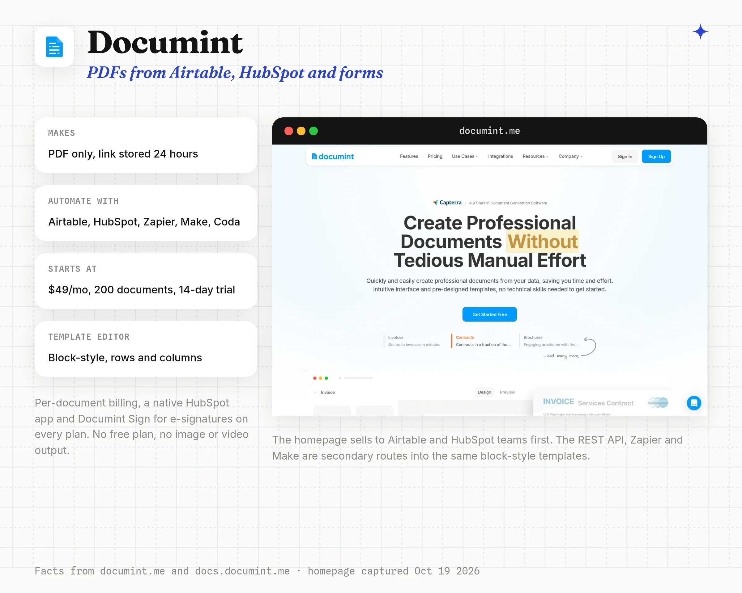 Documint at a glance: PDFs from Airtable, HubSpot and forms, PDF only with the link stored 24 hours, automated with Airtable, HubSpot, Zapier, Make and Coda, from $49 a month for 200 documents, beside its homepage