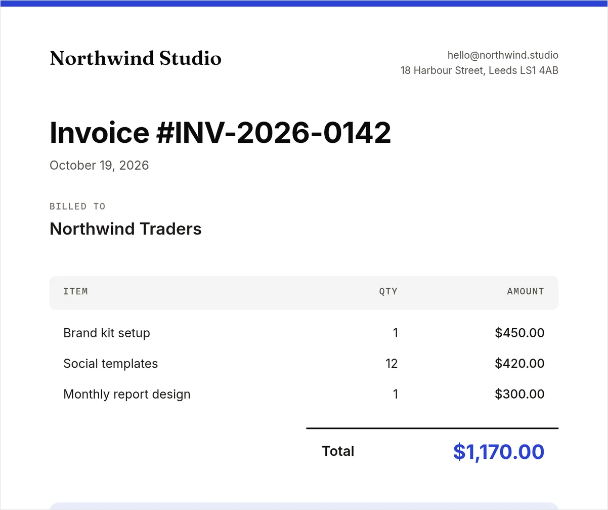 A real A4 invoice PDF rendered by Orshot: INV-2026-0142 for Northwind Traders with three line items and a $1,170.00 total