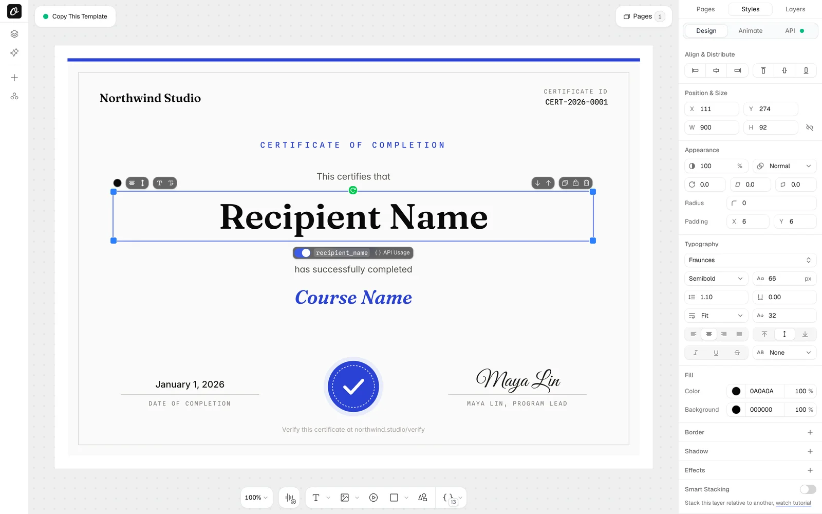 The certificate template open in Orshot Studio with the recipient name layer selected: the layer shows its API field name recipient_name, and the panel on the right shows its font, size and text mode set to fit