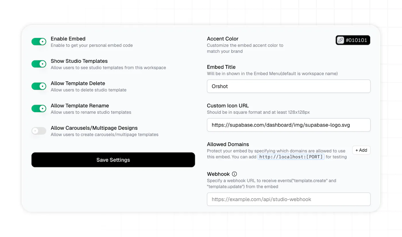 The Orshot Studio Embed settings