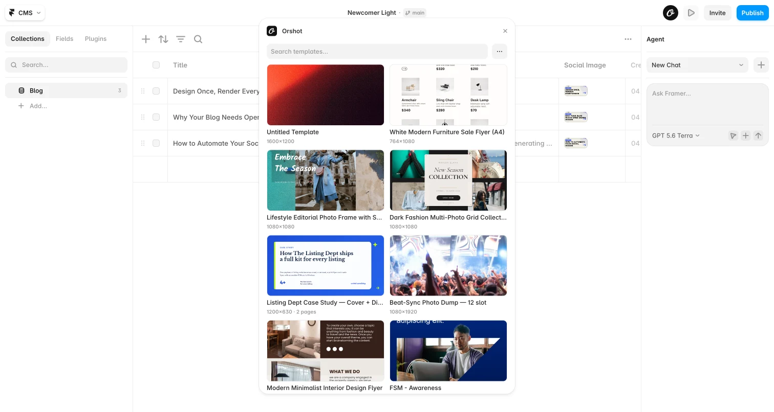 Browsing 1200x630 OG image templates inside the Orshot plugin for Framer