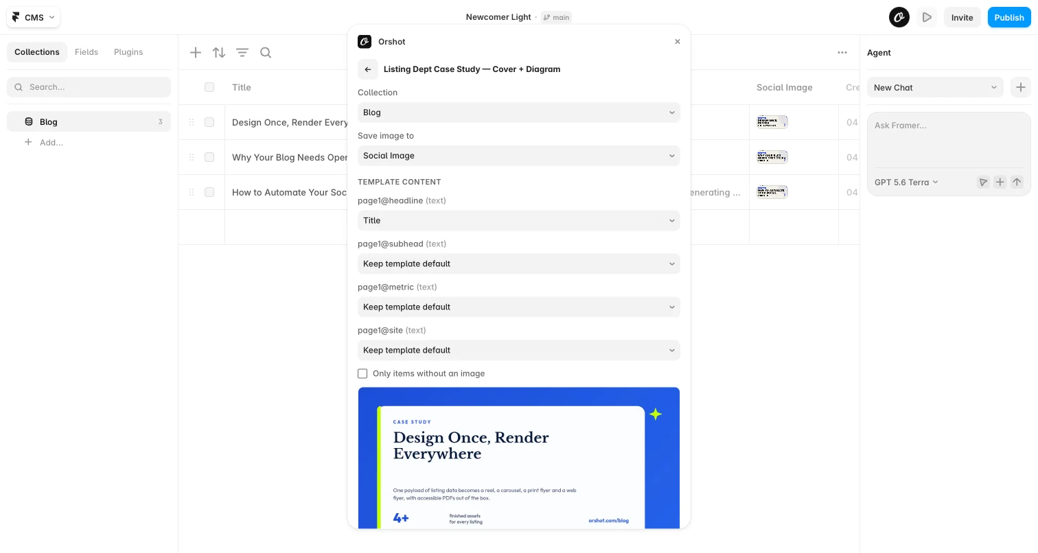 Previewing an OG image rendered from real Framer CMS content
