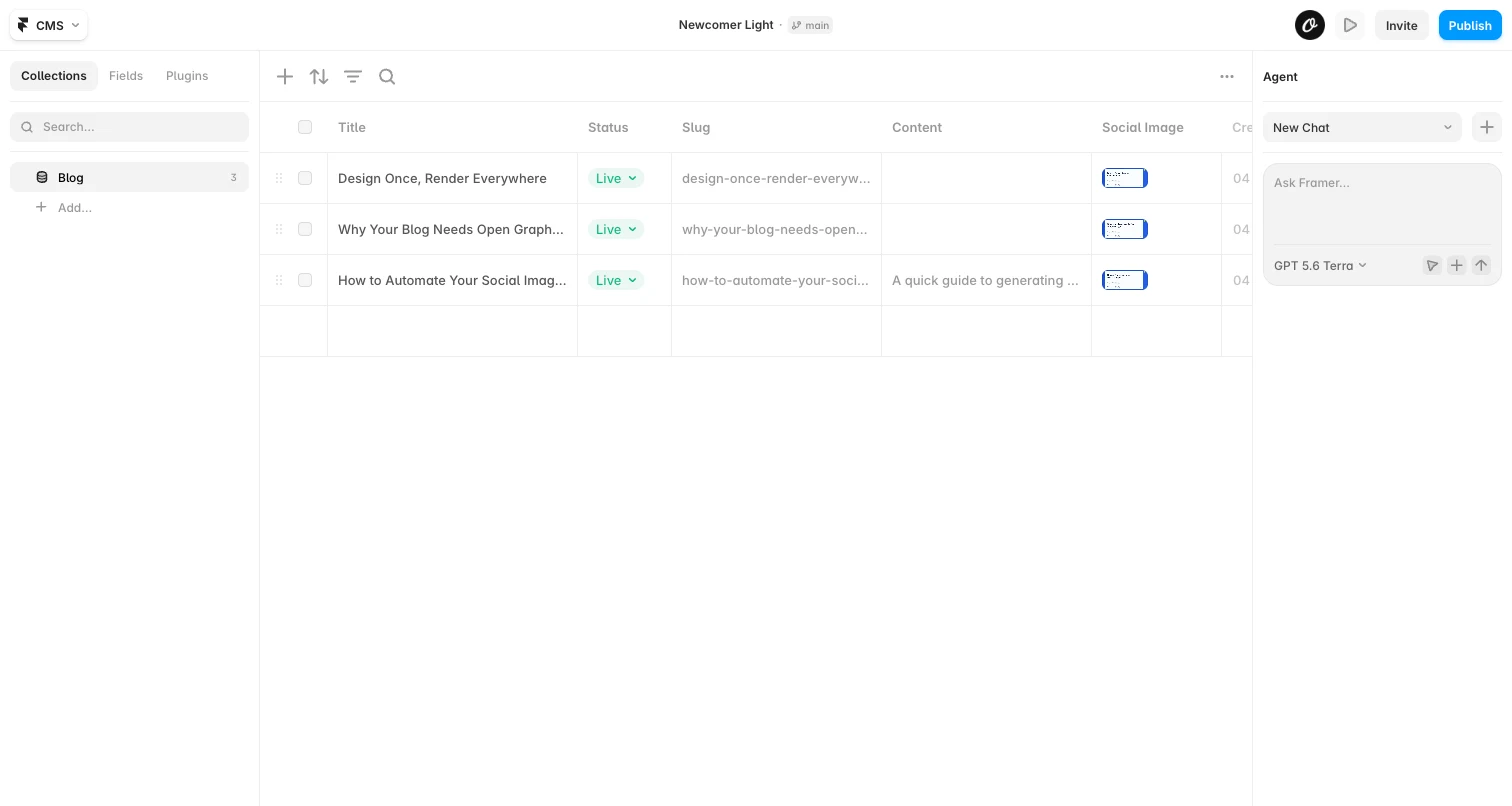 Framer CMS collection with an auto-generated social image for every item