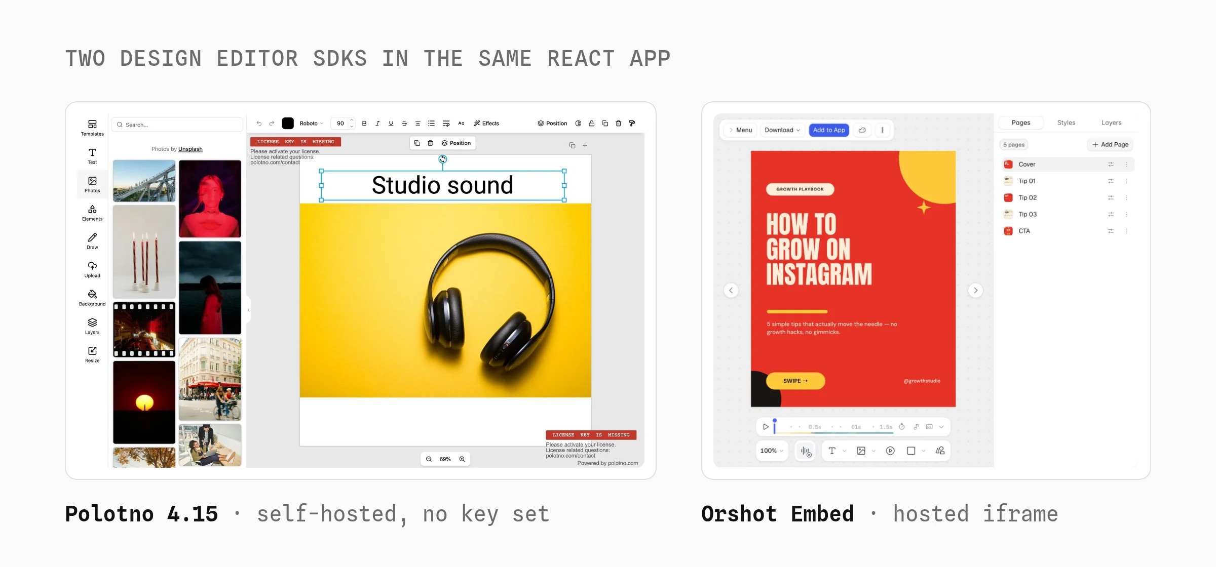 Two design editor SDKs in the same React app: Polotno 4.15 self-hosted with its side panel, toolbar and a license key missing badge, and Orshot Embed as a hosted iframe showing a five-page Instagram carousel template
