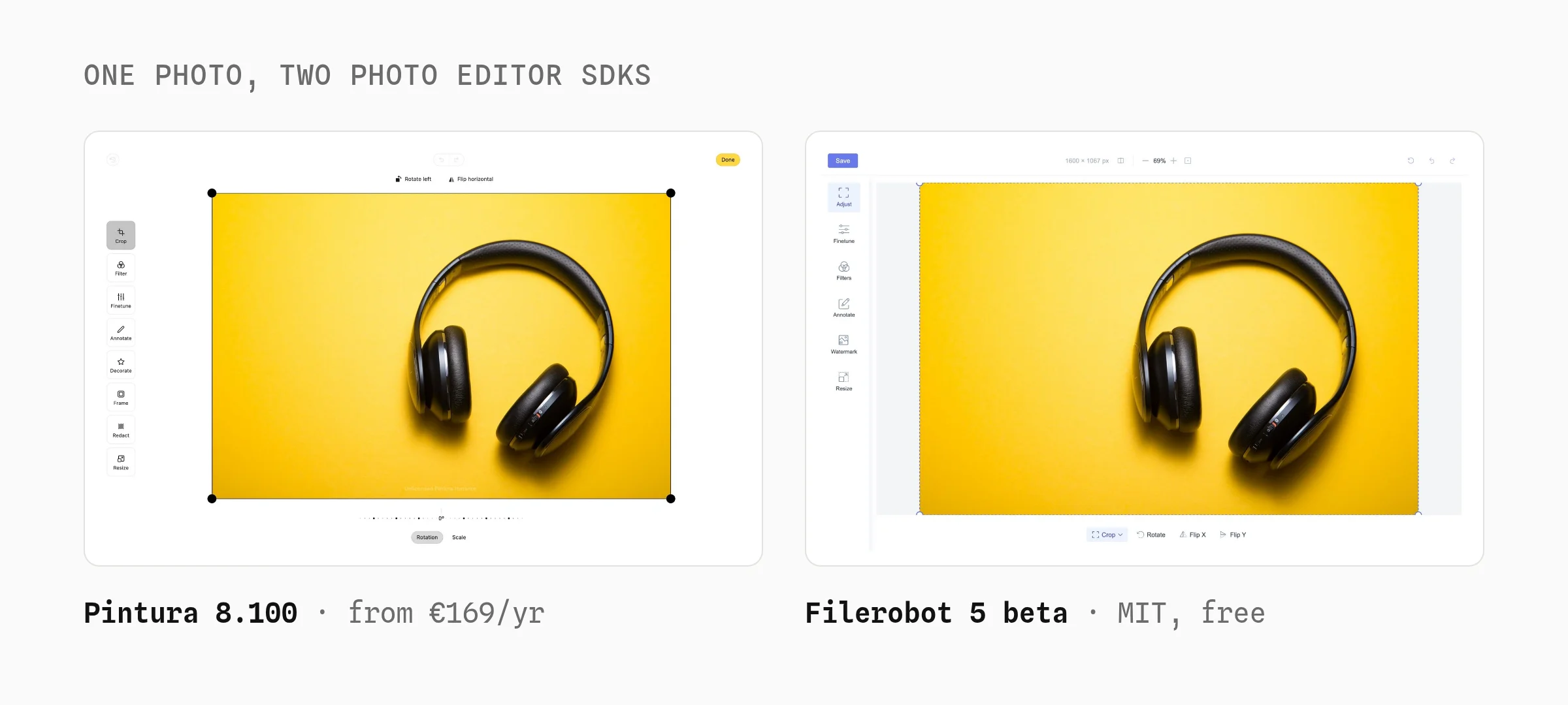 The same headphones photo open in two photo editor SDKs: Pintura 8.100 with its crop tool and side toolbar, and Filerobot 5 beta with its Adjust, Finetune, Filters, Annotate, Watermark and Resize tabs