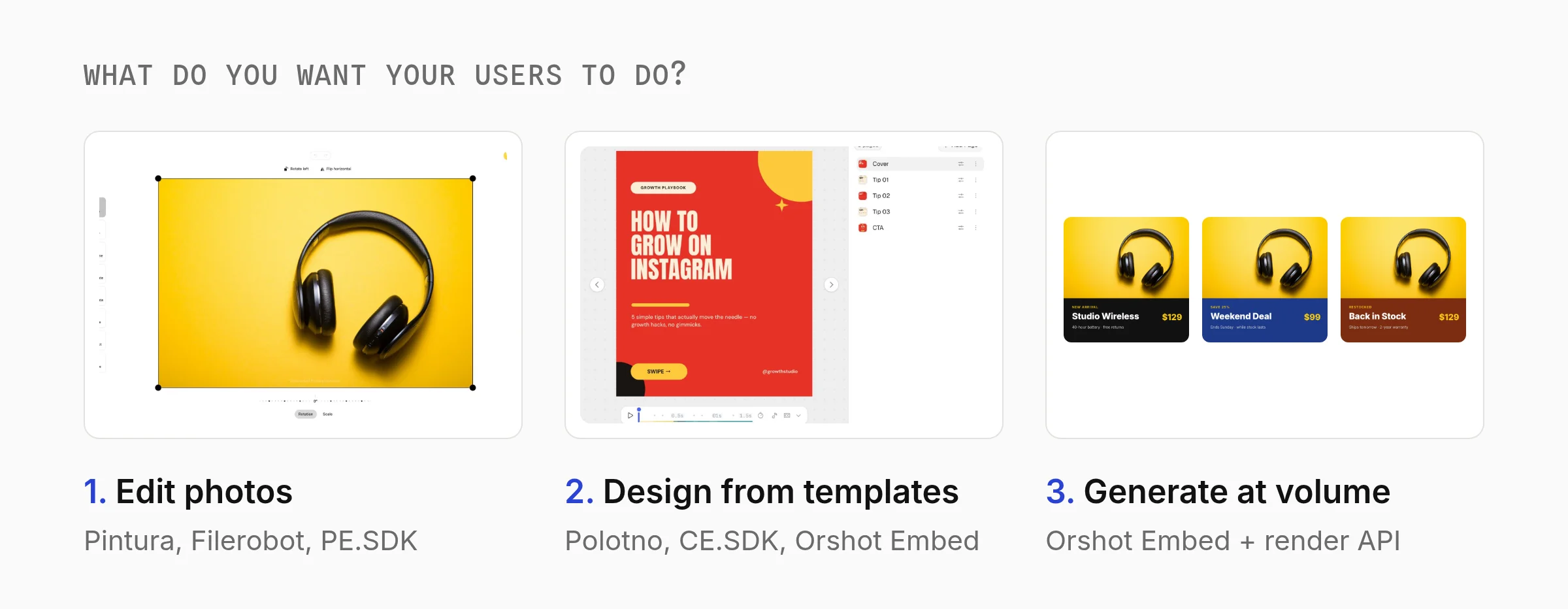 Three goals for an image editor SDK: 1. edit photos with Pintura, Filerobot or the IMG.LY Photo Editor SDK, 2. design from templates with Polotno, CE.SDK or Orshot Embed, 3. generate images at volume with Orshot Embed and its render API, shown as a real Pintura screen, a real Orshot Embed screen and three rendered product cards