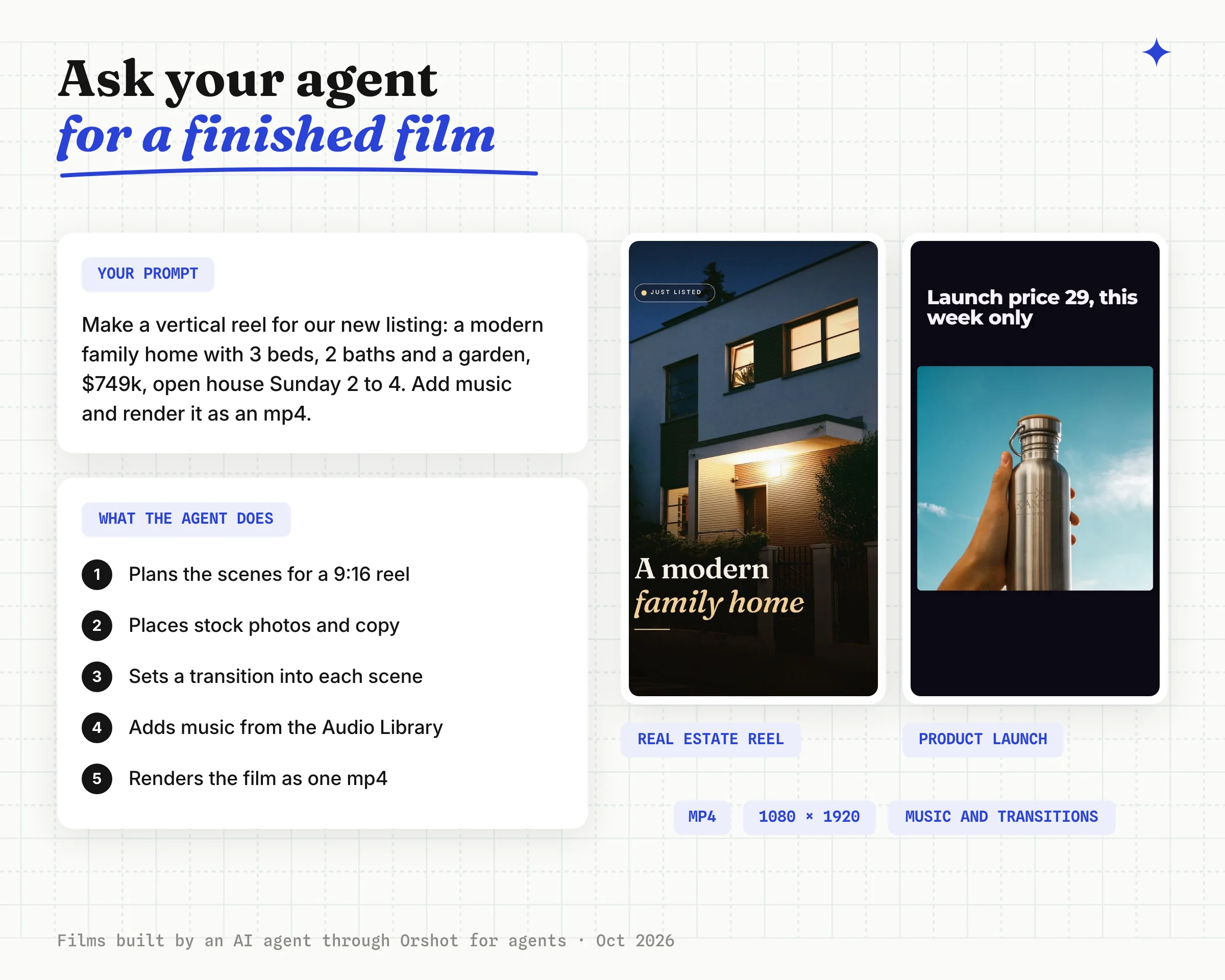 An agent prompt for a vertical listing reel, the five steps the agent takes from planning scenes to rendering the mp4, and two vertical films agents built: a real estate reel and a product launch