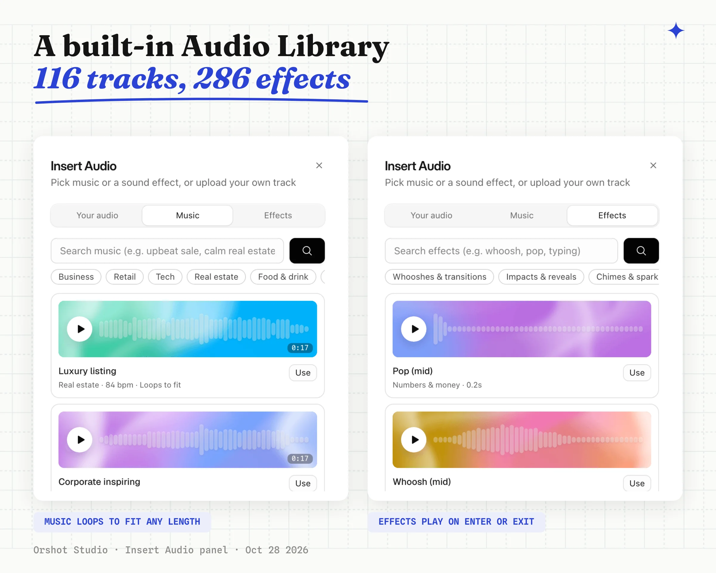 The Insert Audio panel in Orshot Studio: the Music tab with 19 categories and the Effects tab with groups like Whooshes and transitions, UI and clicks, Typing and text