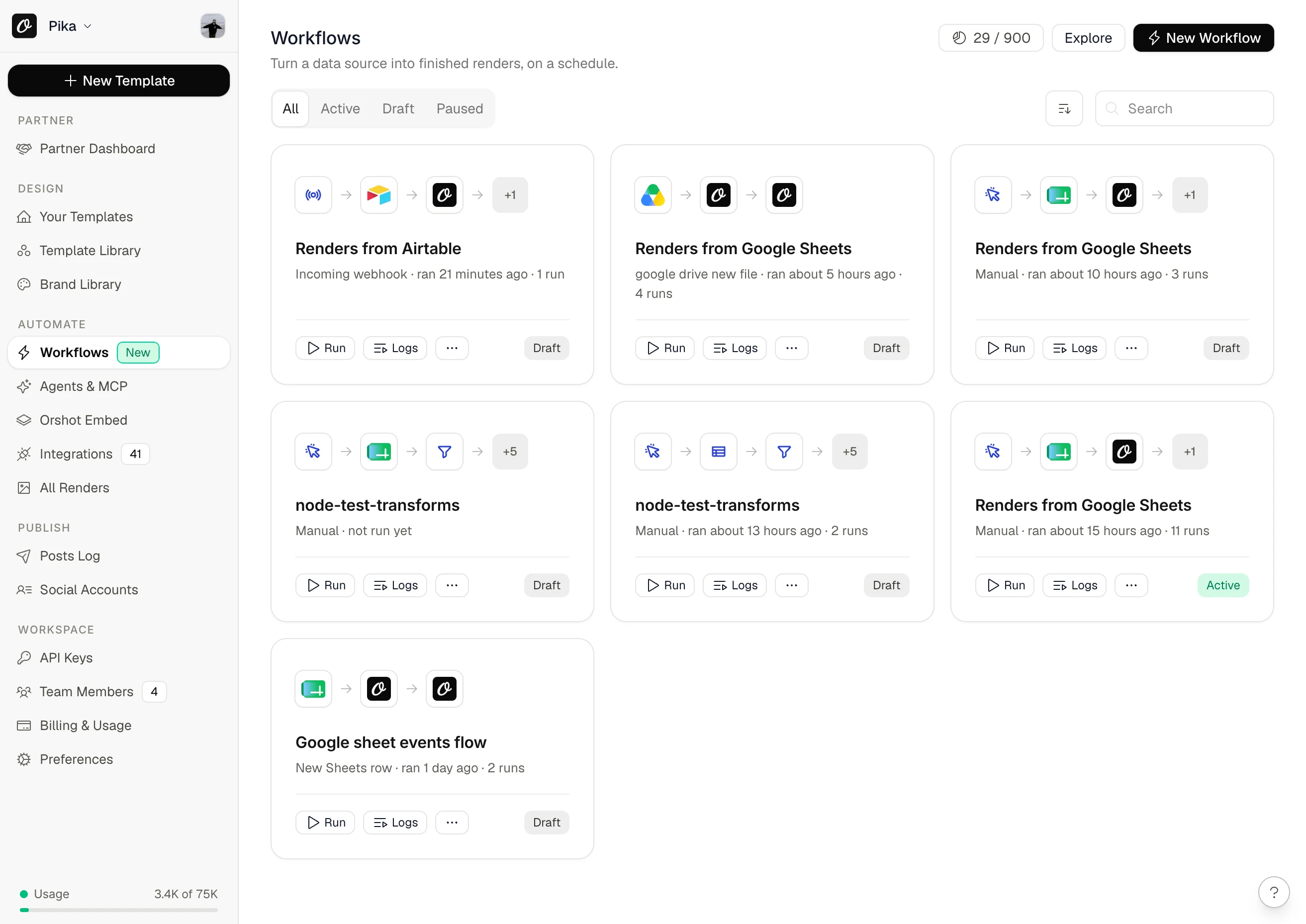 The workflows dashboard: every automation with its flow, status, and one-click Run and Logs