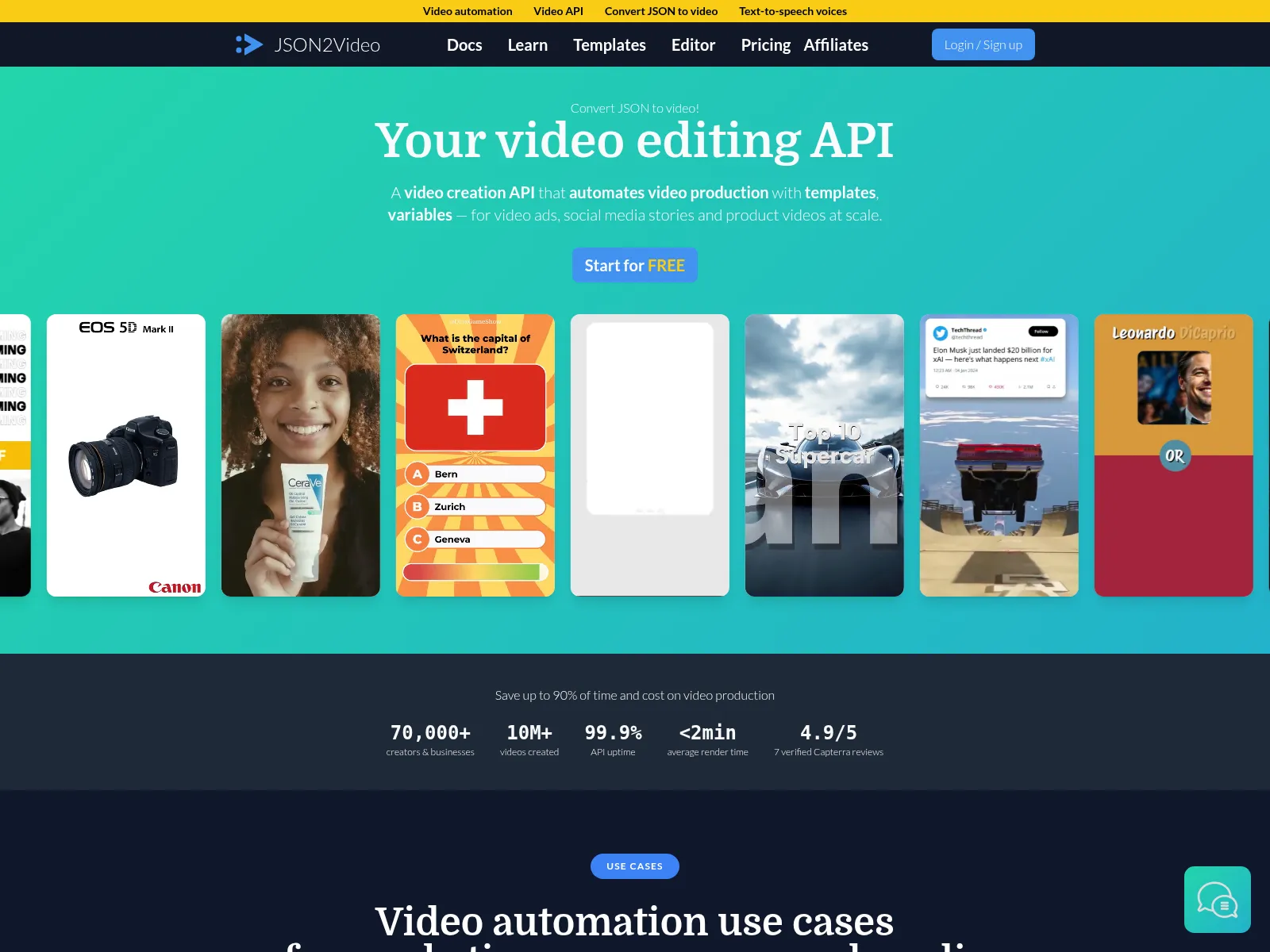 The JSON2Video homepage: a video editing API that automates video production with templates and variables