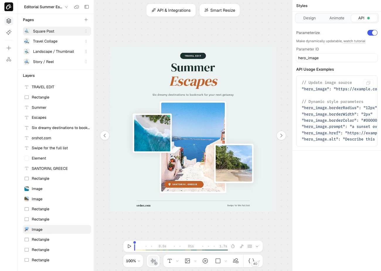 Orshot Studio API tab for an image layer: hero_image toggled as a parameter, with example values for the image URL, border radius, border and alt text