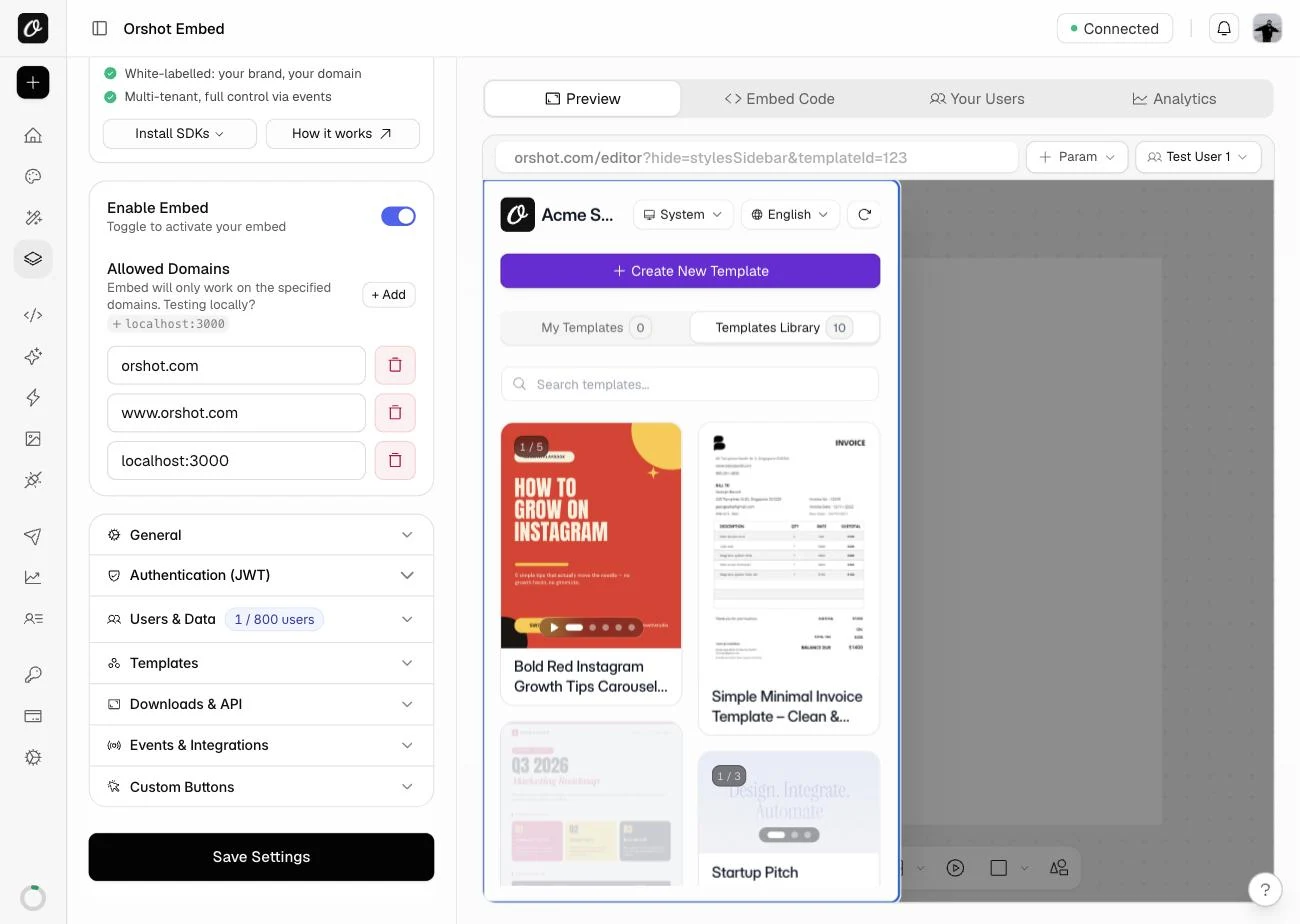 Orshot Embed preview for a test user: My Templates and a Templates Library of starting designs, including a carousel, an invoice, a roadmap and a pitch deck