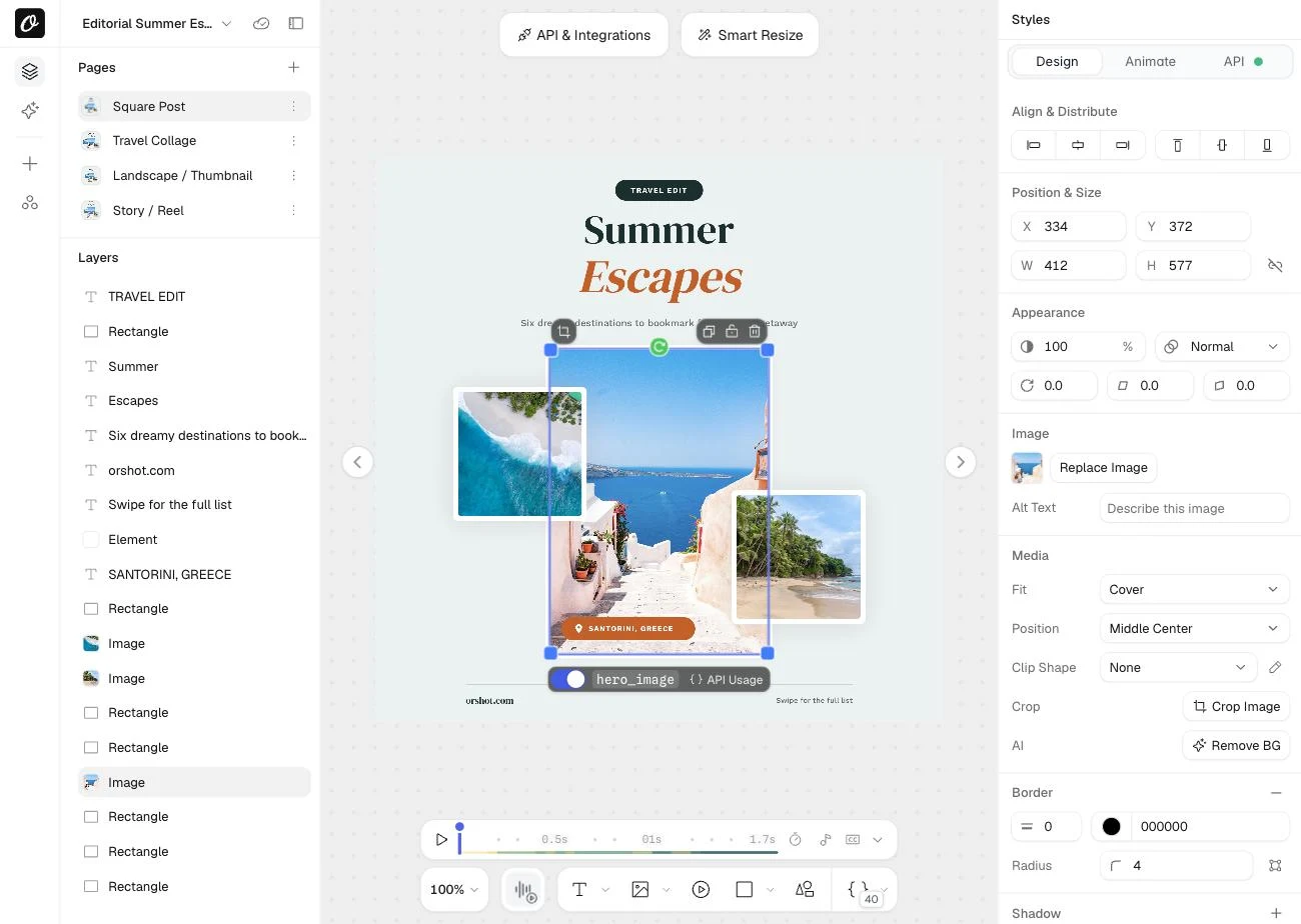 Orshot Studio with a photo layer selected: Replace Image, crop, fit, clip shape and Remove BG controls, and the layer exposed as the hero_image API field