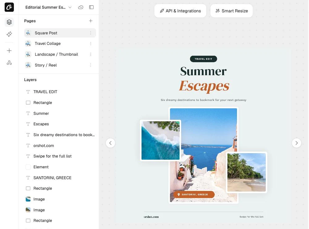 Orshot Studio pages panel with four sizes of the same design as pages: square post, collage, landscape thumbnail and story