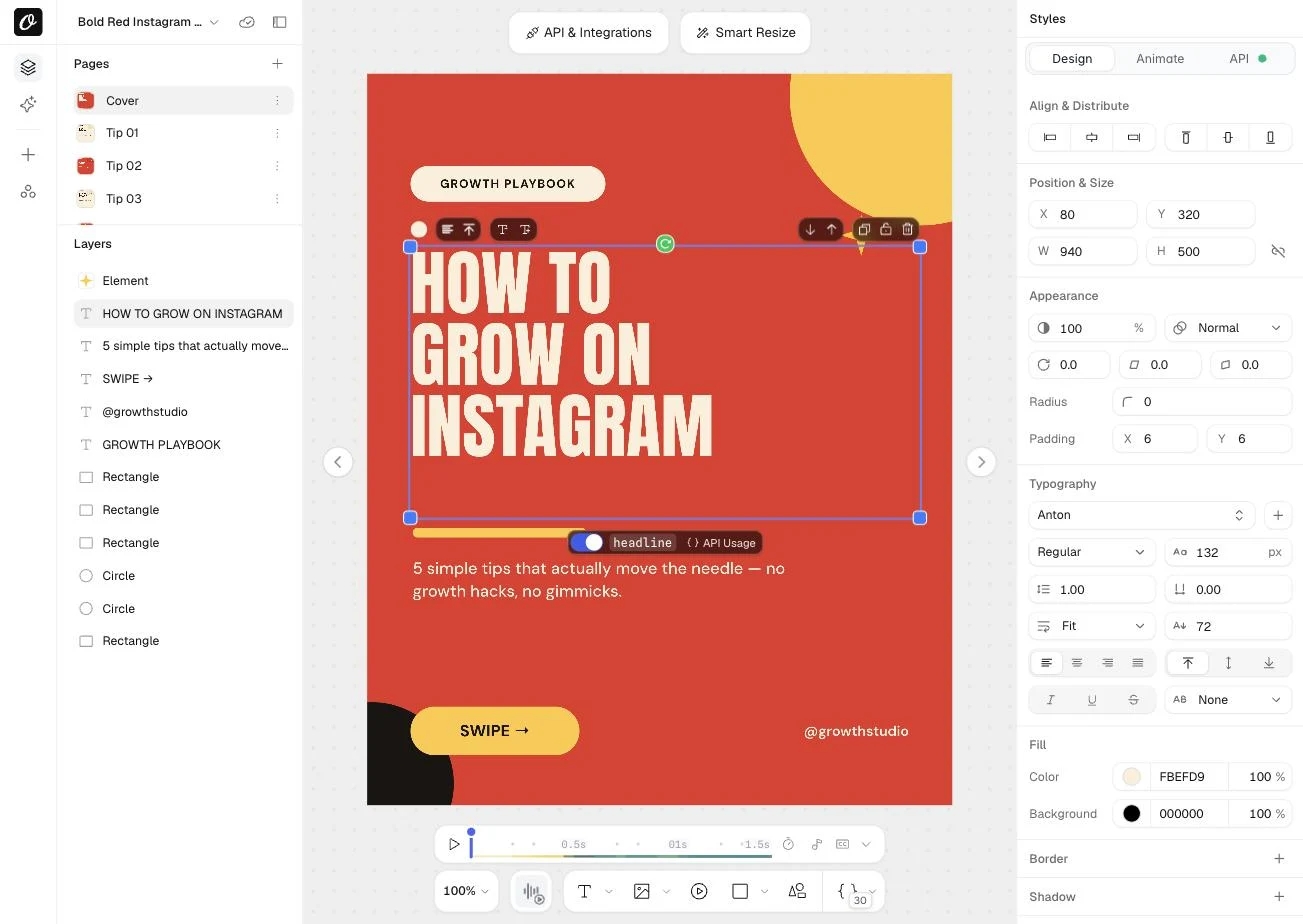Orshot Studio with a headline text layer selected: typography, fit-to-box and fill controls on the right, and the headline toggled as an API field