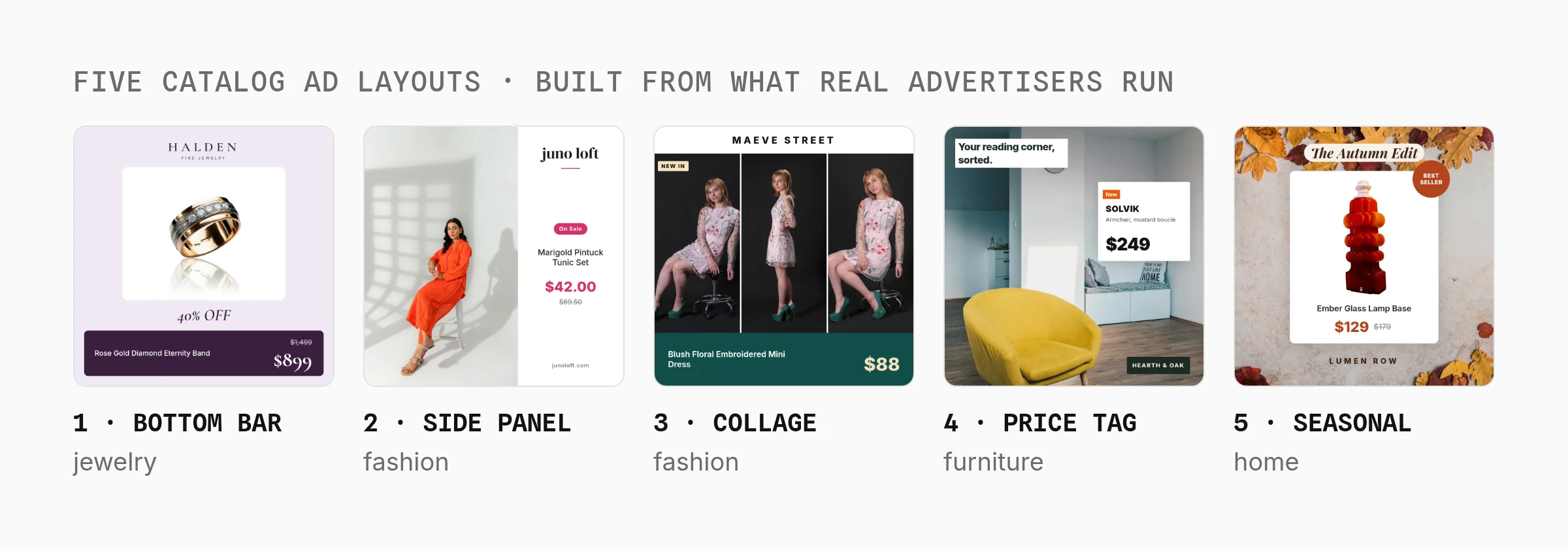 Five catalog ad layouts rebuilt as Orshot templates: a bottom price bar for jewelry, a photo with a side panel for fashion, a 3-photo collage for fashion, a floating price tag for furniture and a seasonal backdrop for home goods