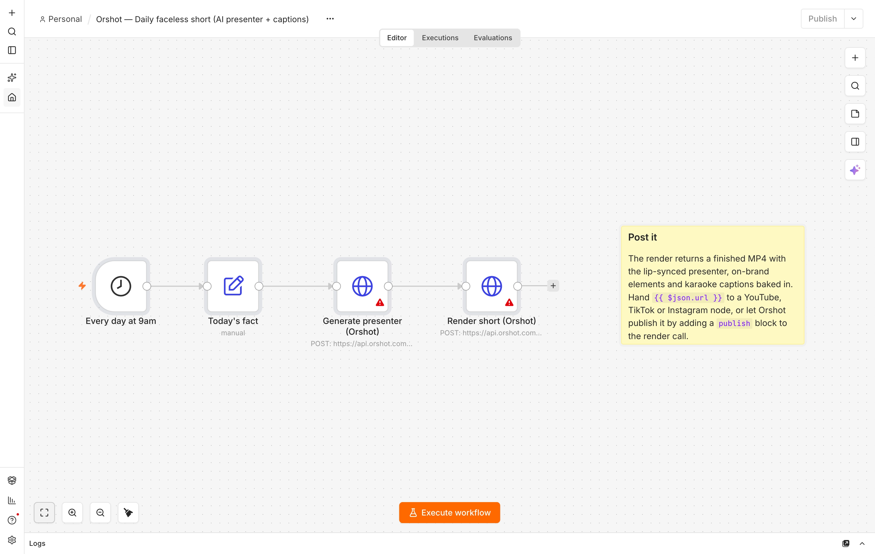 The n8n workflow: schedule, edit fields, generate presenter, and render