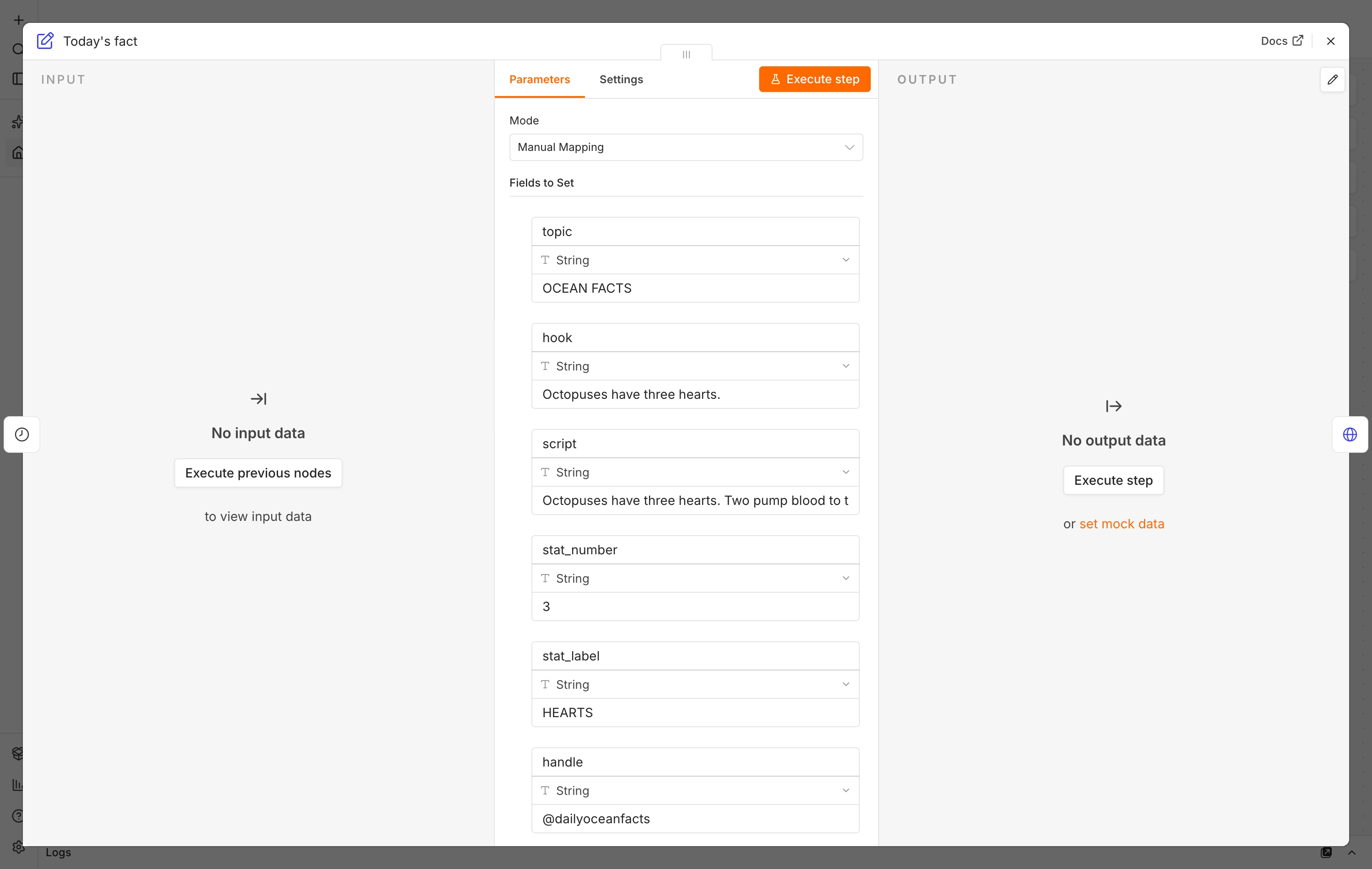 The Edit Fields node with topic, hook, script, stat and handle