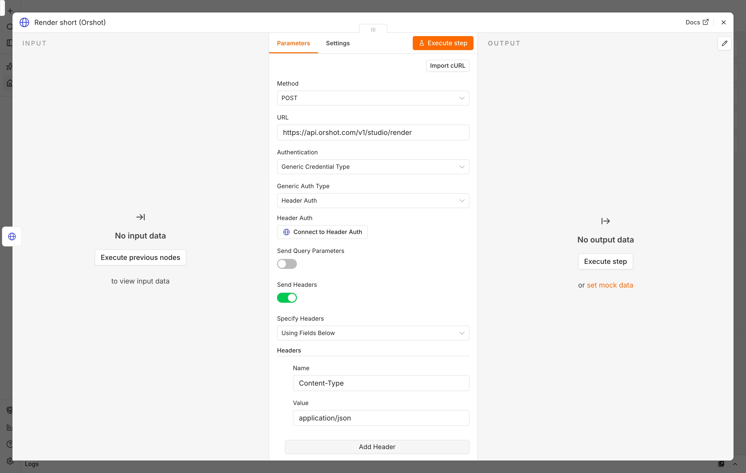 The HTTP Request node posting to the Orshot render API