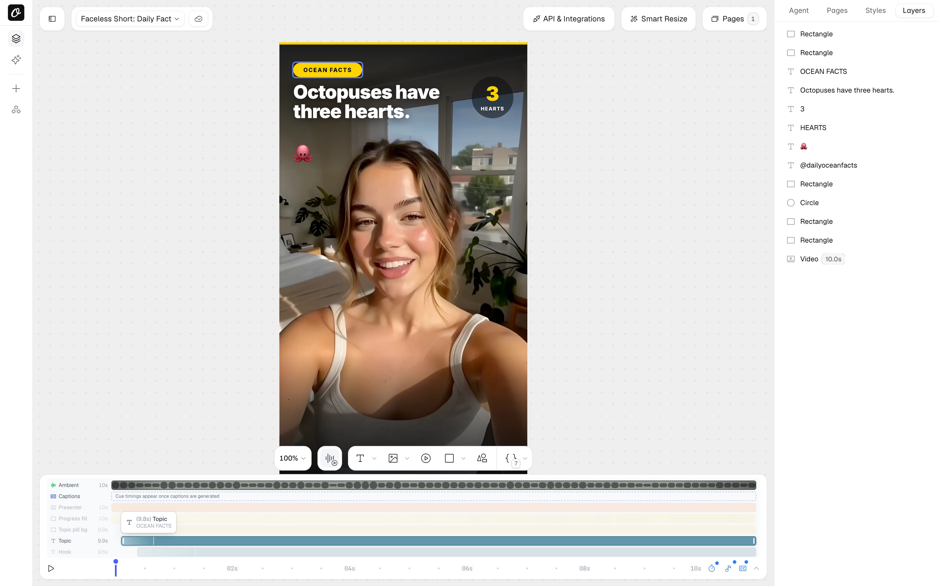 The faceless short template in Orshot Studio, with the presenter, hook, stat badge and timeline