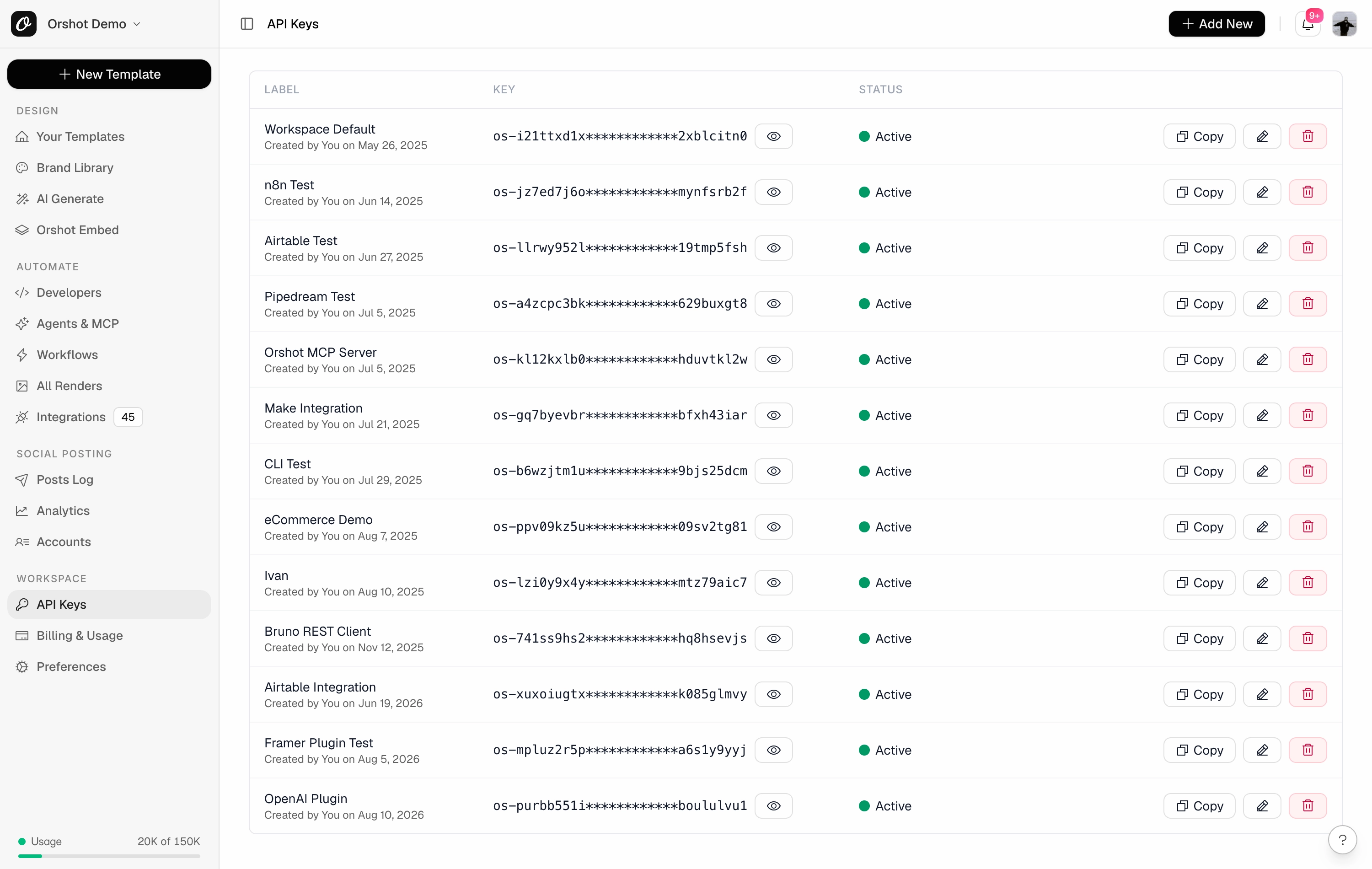 The Orshot API Keys page
