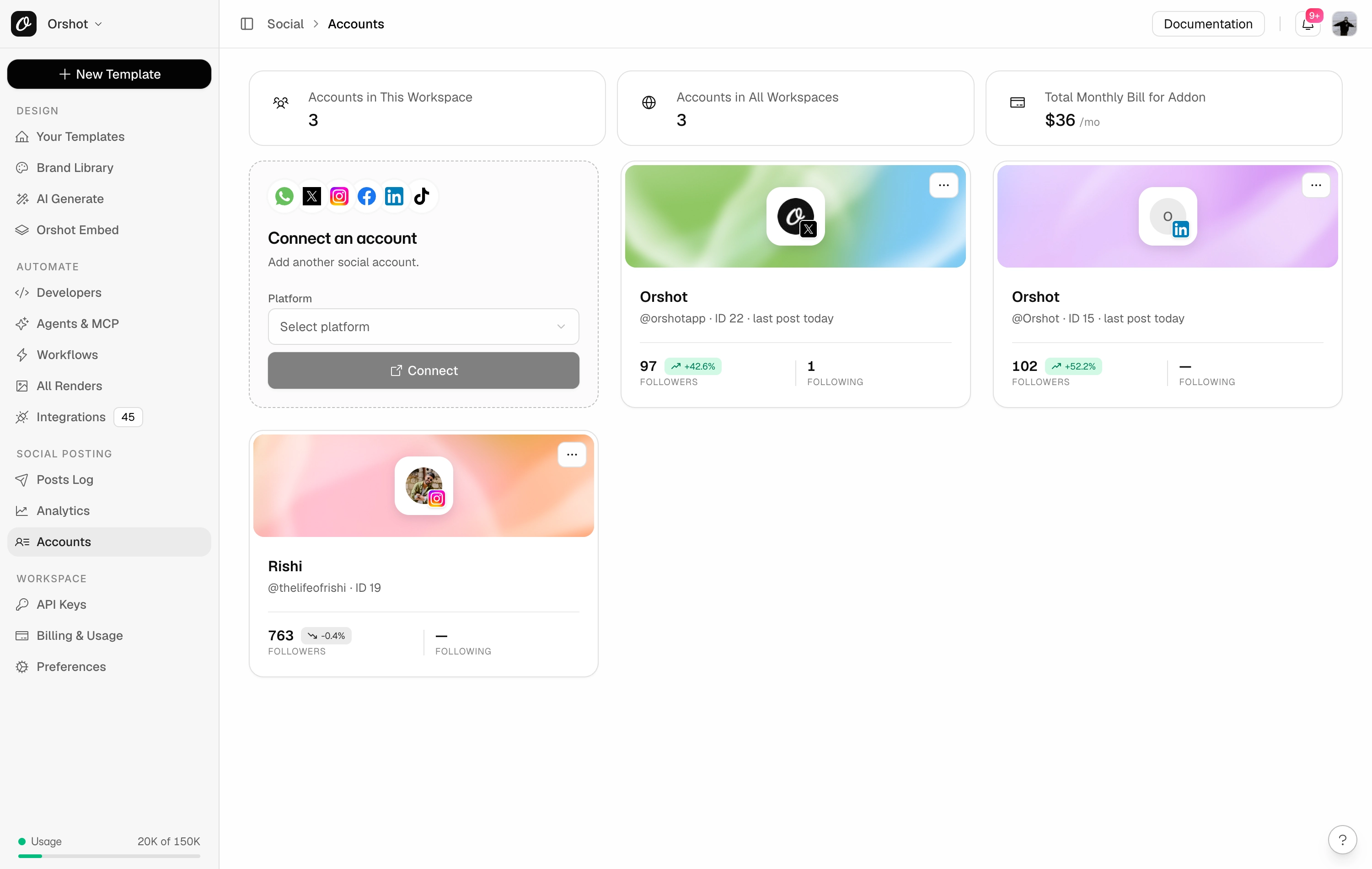 The Orshot social accounts page with connected accounts