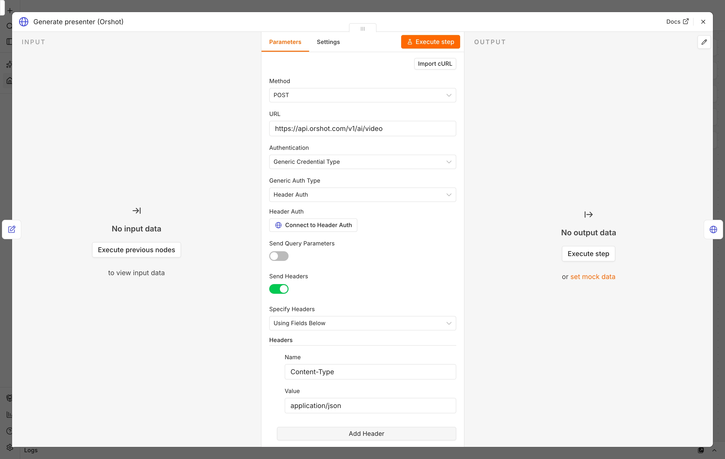 The HTTP Request node posting to the Orshot AI video endpoint