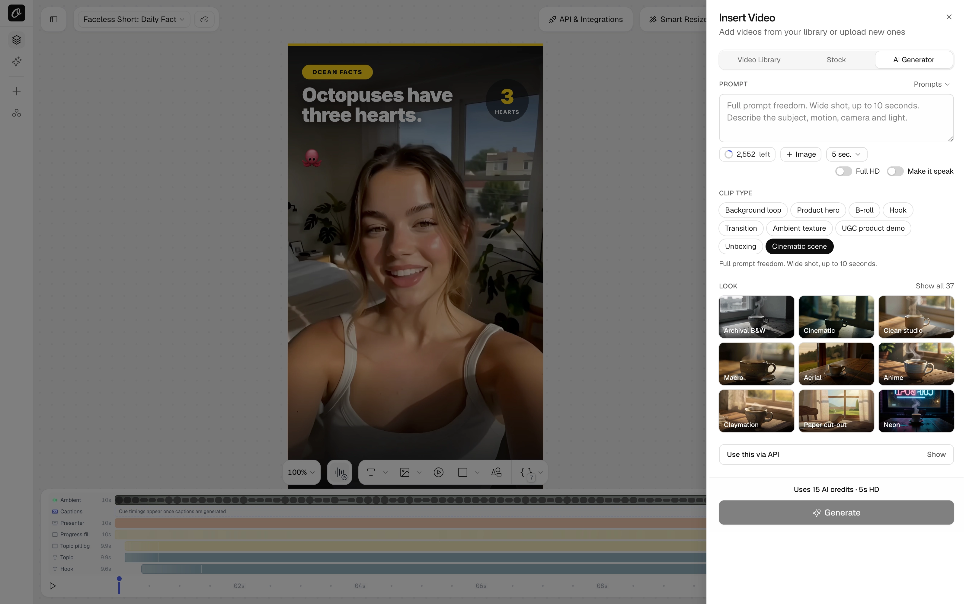 The Insert Video picker in Orshot Studio on the AI Generator tab, with a prompt field, clip-type and look presets, and a Make it speak toggle